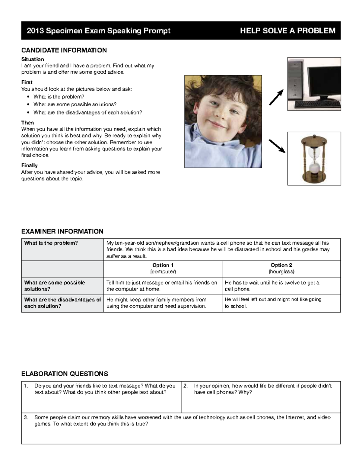 ECCE 2013 Specimen Exam Speaking Prompt: Problem Solving Guide - Studocu