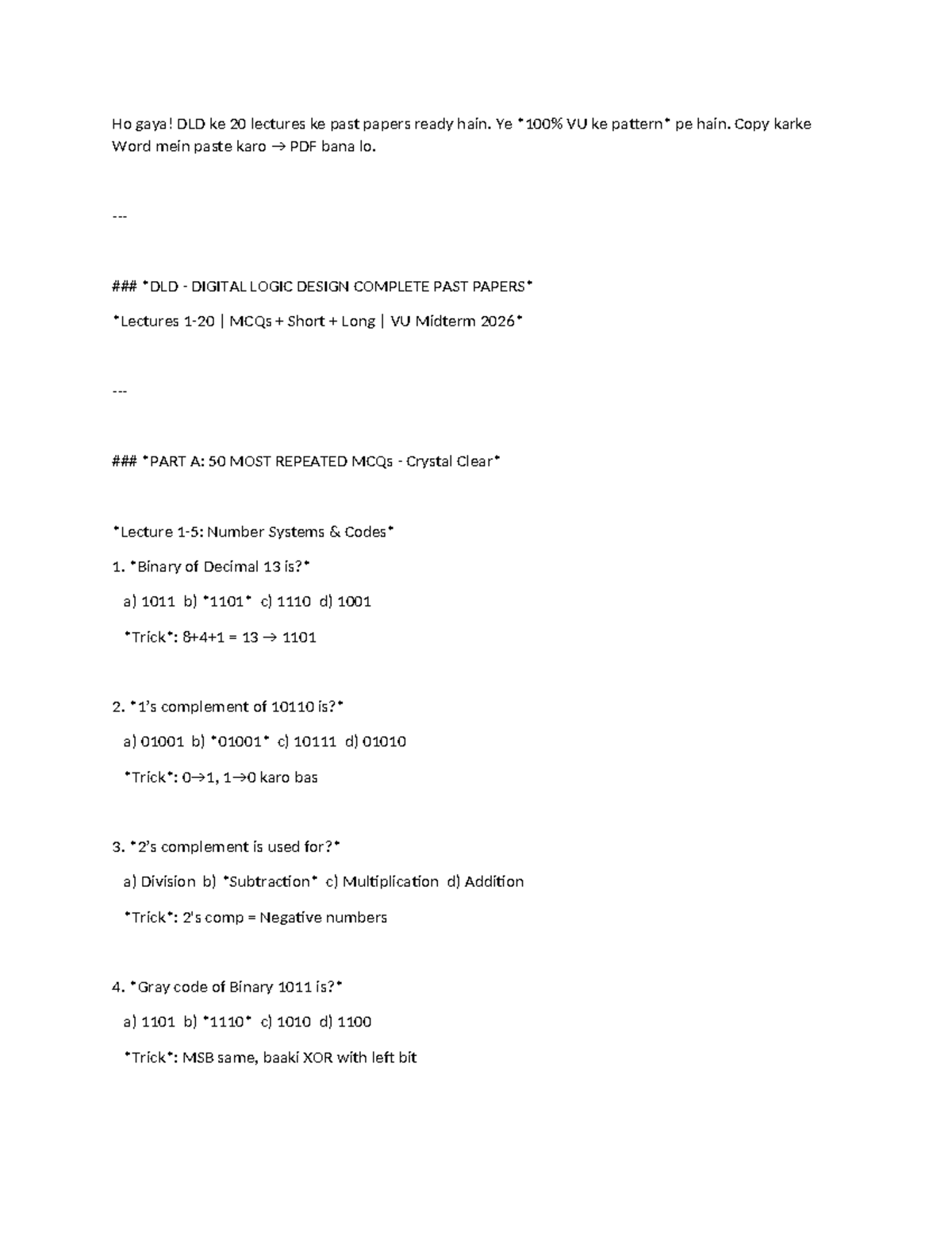 DLD VU Midterm: Complete Past Papers & Important MCQs - Studocu