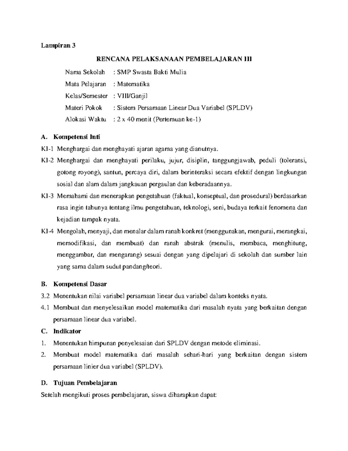 RPP Matematika Kelas VIII: SPLDV Menggunakan Model 5E RME - Studocu