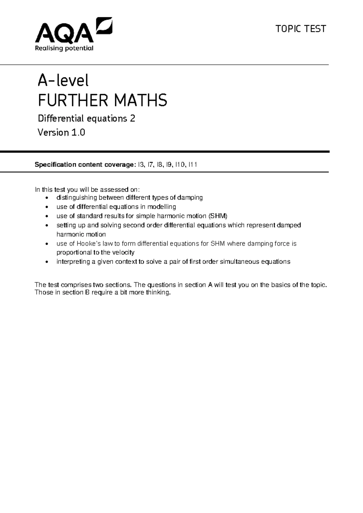 A2 Further Maths Topic Test: Matrices & Determinants (Ch22) - Studocu