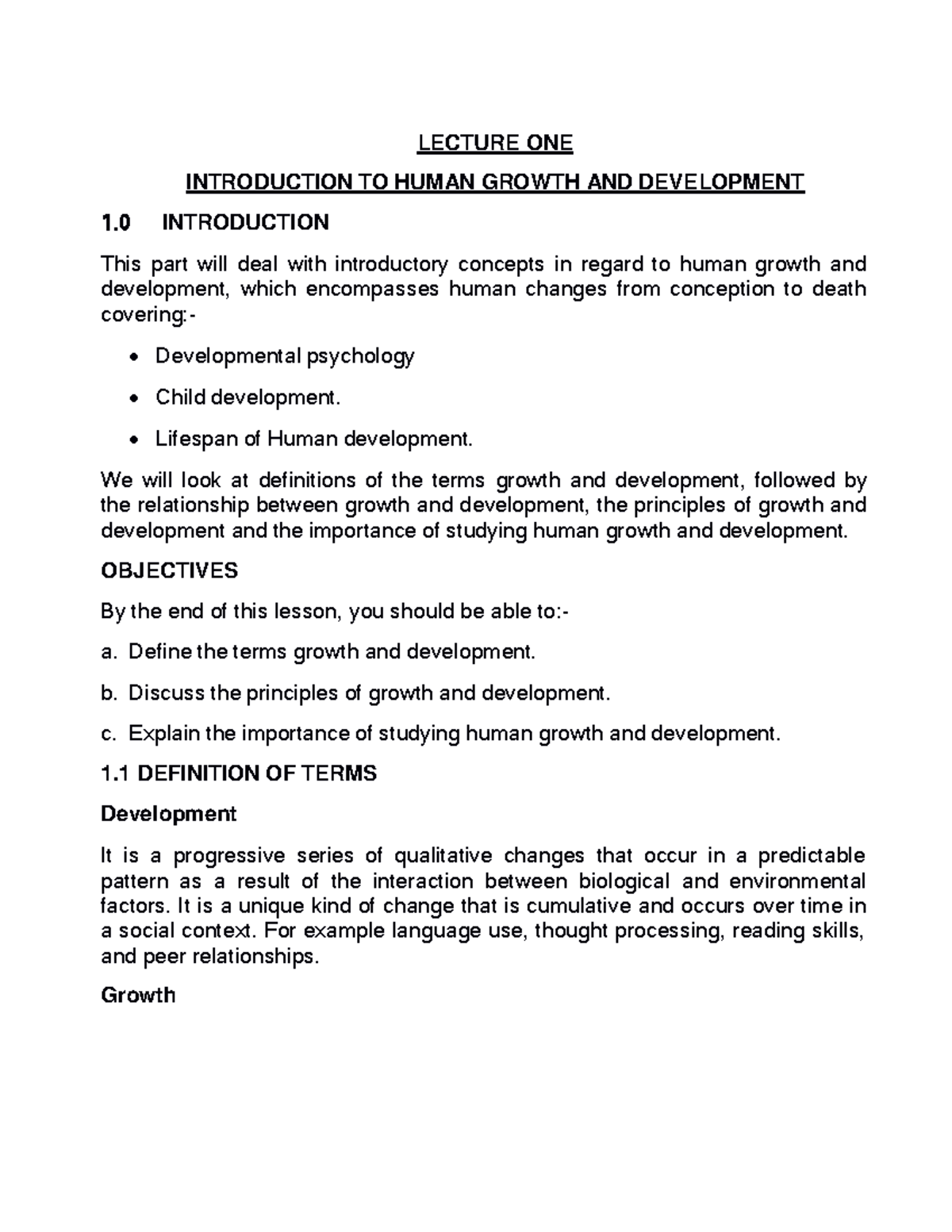 Lecture ONE: Intro to Human Growth & Development Notes - Studocu