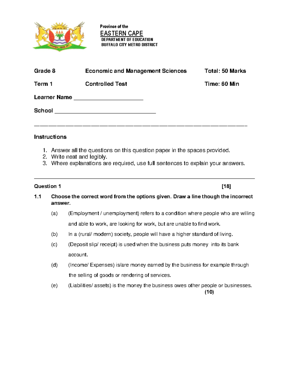 Grade 8 EMS Term 1 Controlled Test 2024 - Total Marks: 50 - Studocu
