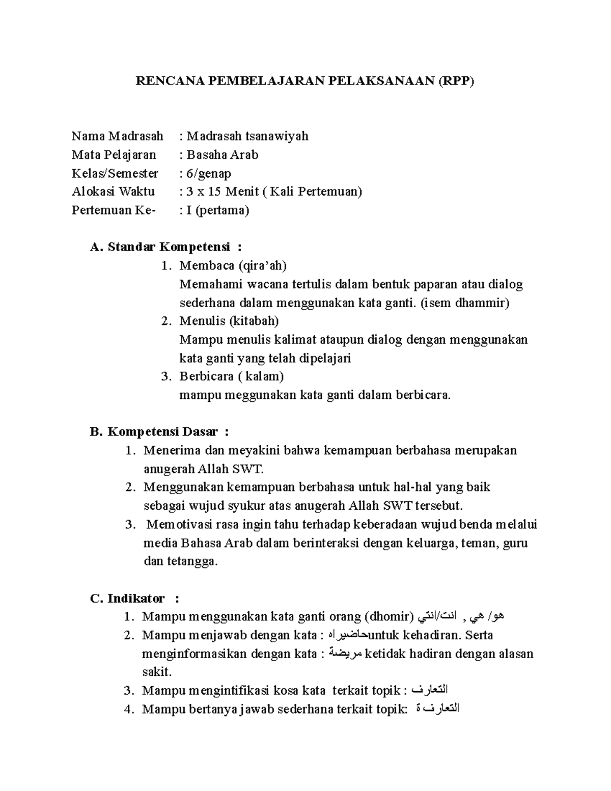 RPP MTs S: Lesson Plan for Arabic Language Class 6 Semester Genap - Studocu