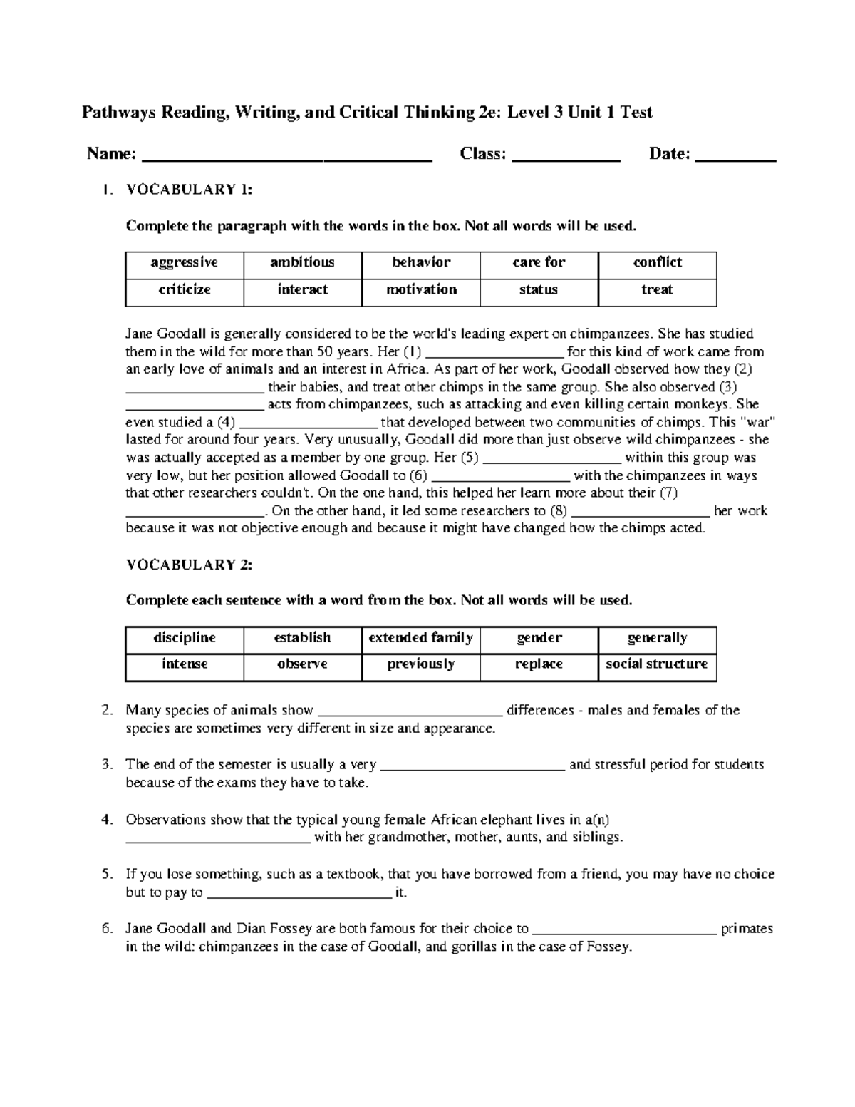 Pathways RW3 2e: Unit 1 Vocabulary & Reading Test - Studocu