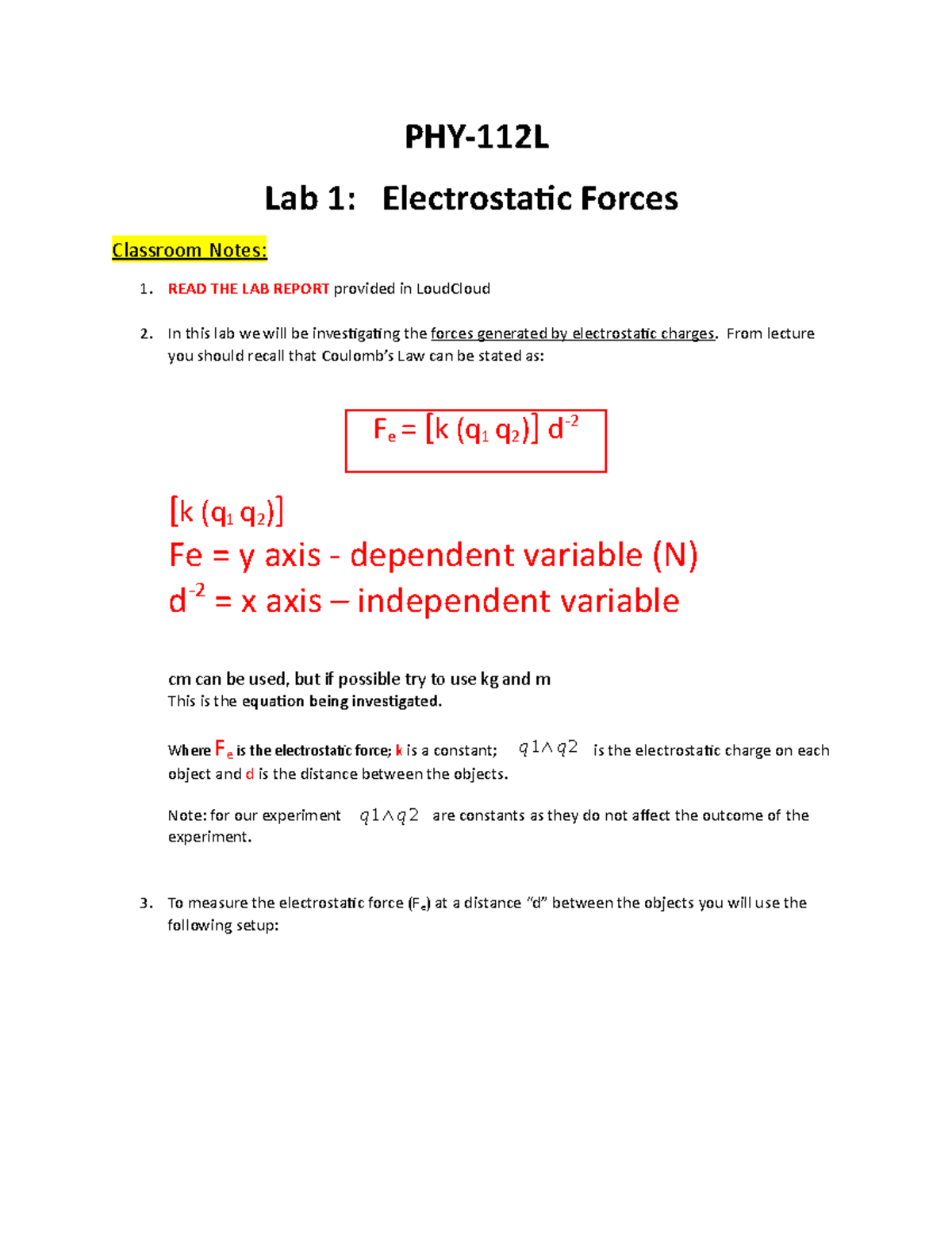 PHY-112L Class Notes - Lab 1 on Electrostatic Forces and Measurements ...