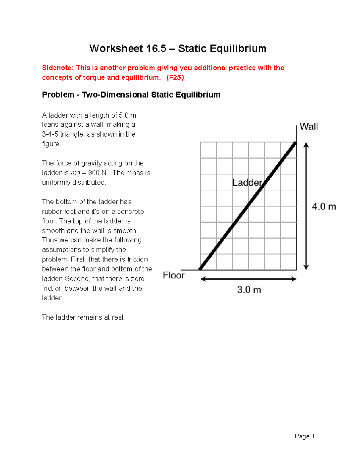 Static Equilibrium Practice Problems – Worksheet 16.5 (F23) - Studocu