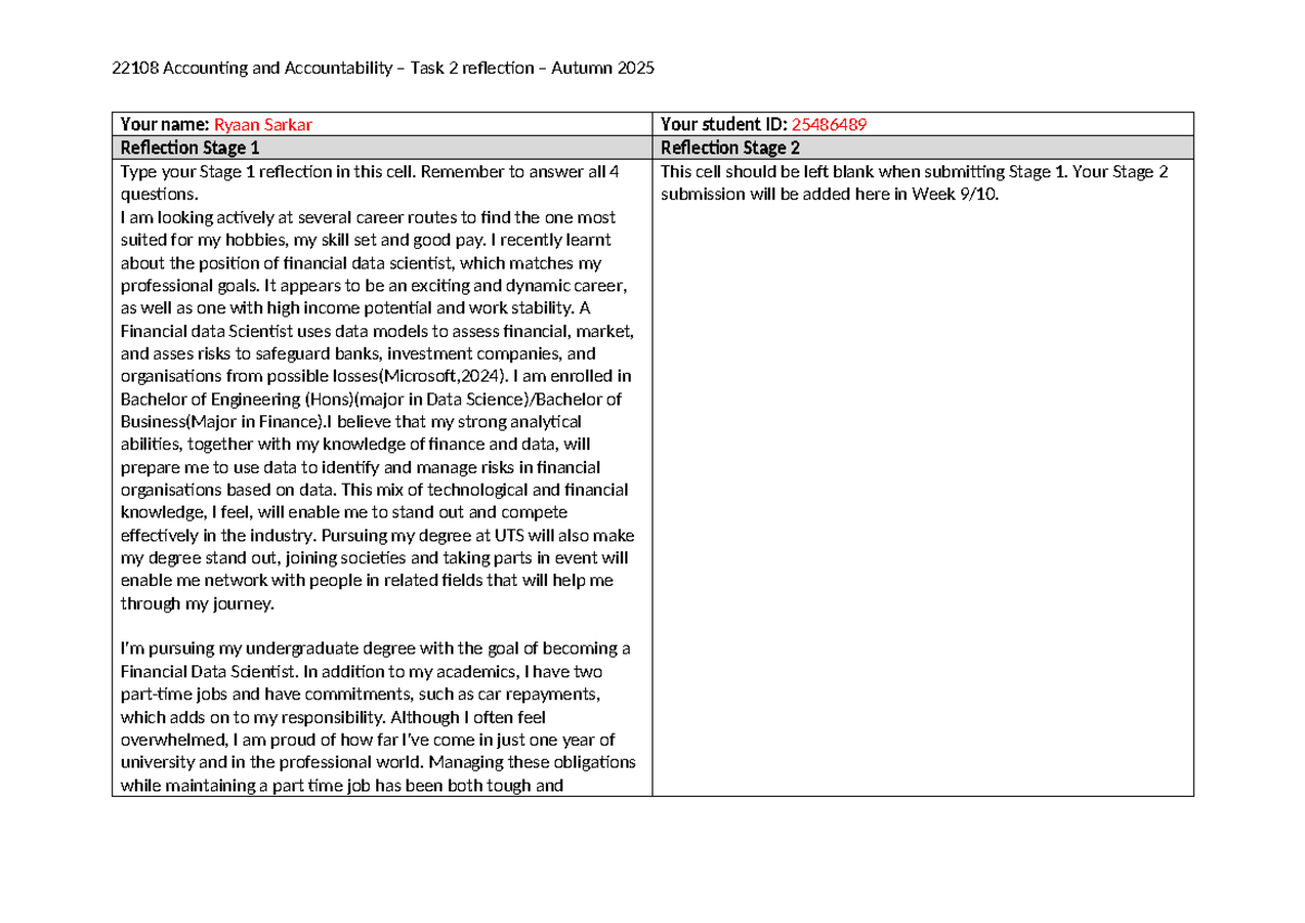 22108 Accounting and Accountability Task 2 Reflection - Autumn 2025 ...