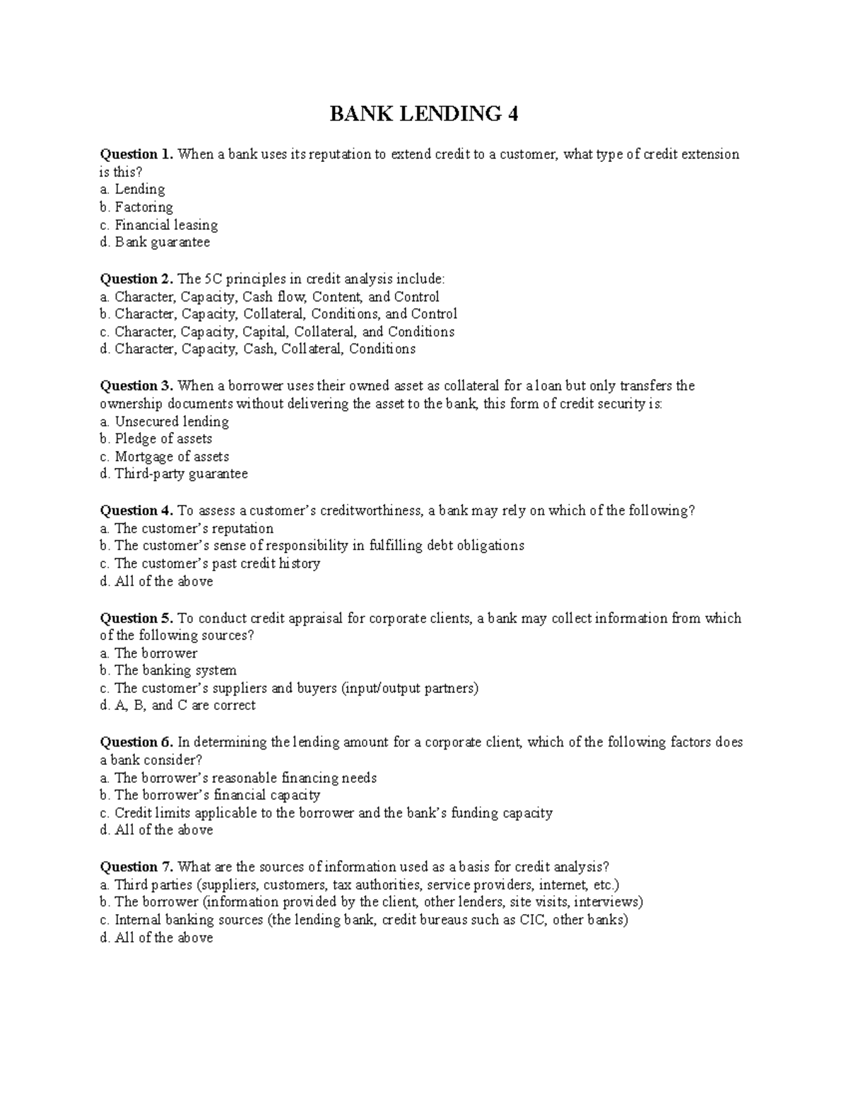 Bank Lending 4 - Multiple Choice Questions on Credit Analysis - Studocu