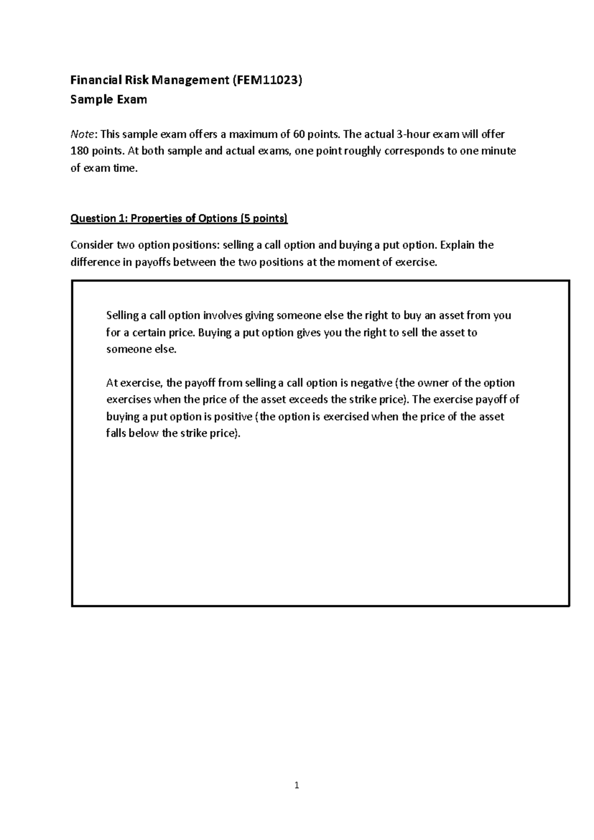 FEM11023 Financial Risk Management Sample Exam Notes 2015 - Studeersnel