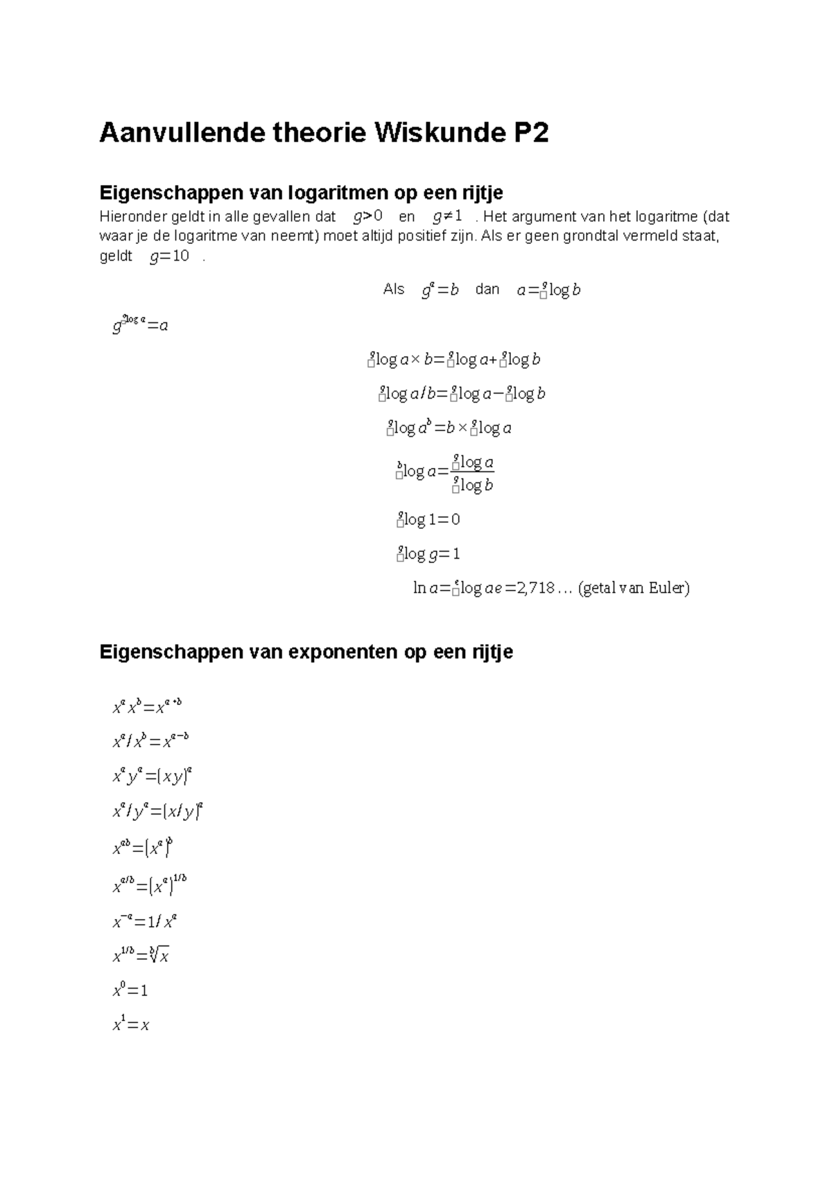 Aanvullende Wiskunde Theorie P2: Logaritmen en Exponenten - Studeersnel