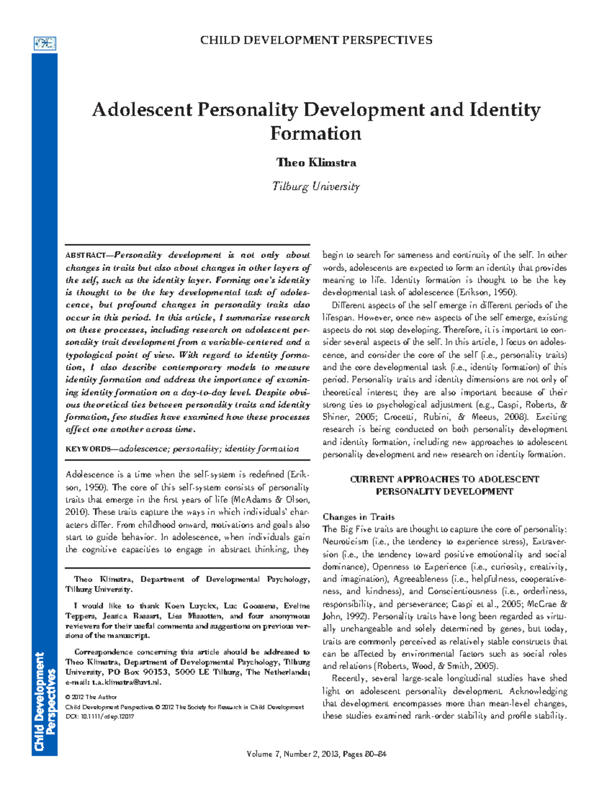 Klimstra 2012 - Adolescent Personality Development & Identity Formation ...