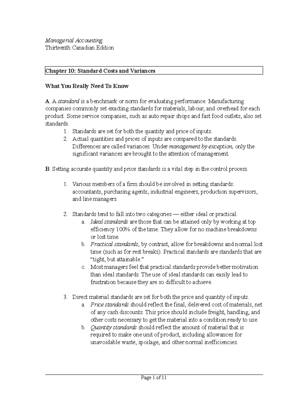 Managerial Accounting 3370: Chapter 10 Summary on Standard Costs ...