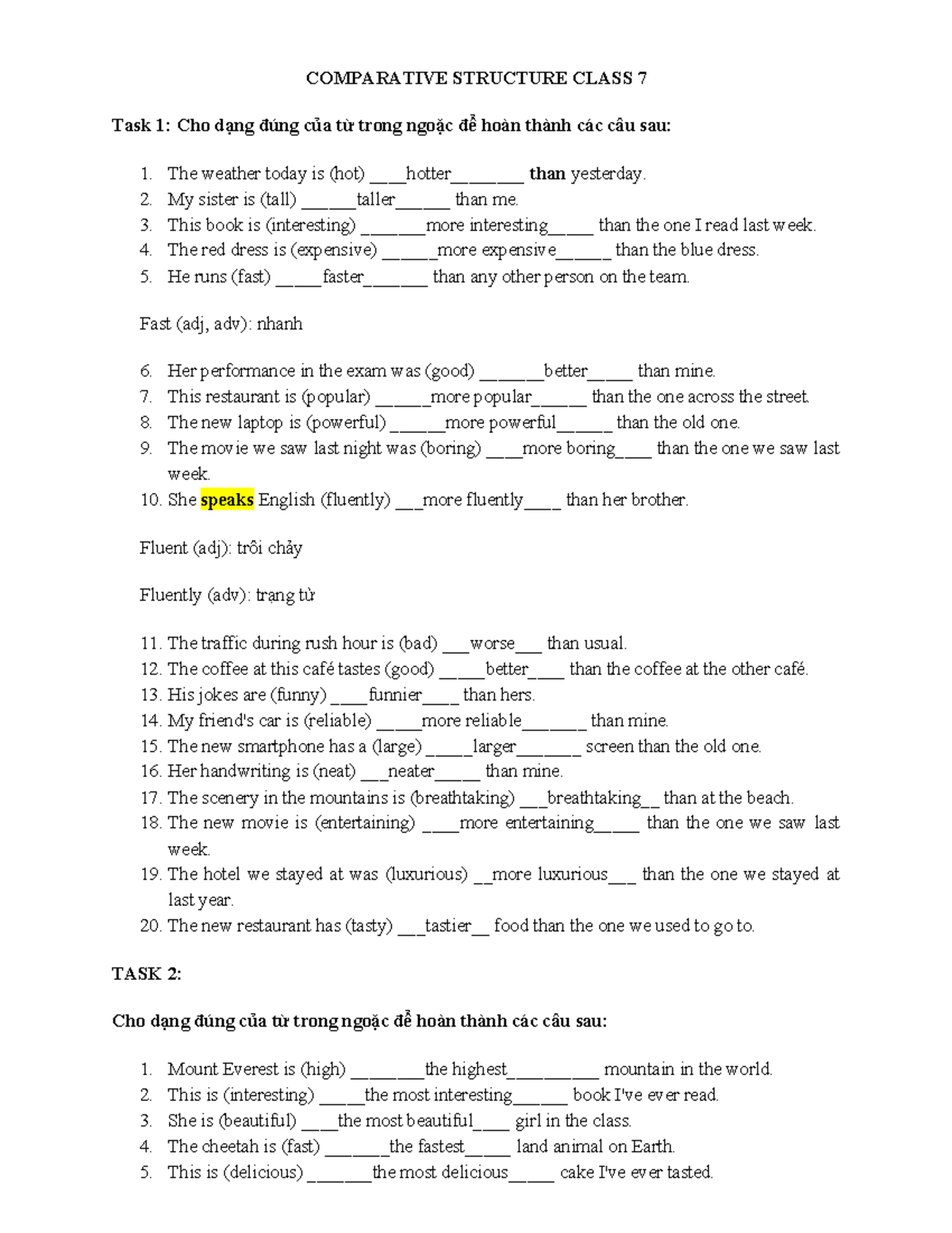 Comparative Structure Class 7: Exercises and Key Answers - Studocu