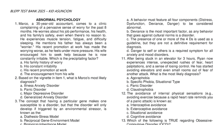 BLEPP TEST BANK 2025 KID ASUNCION ABNORMAL PSYCHOLOGY SET A - Studocu