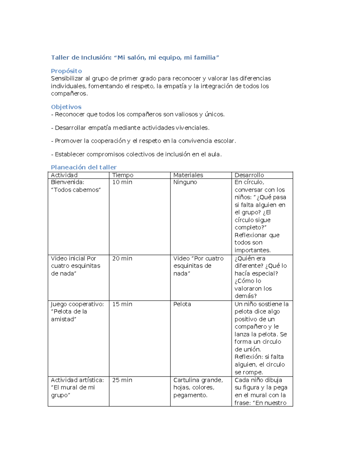 Taller de Inclusión: Fomentando Empatía y Respeto en 1er Grado - Studocu