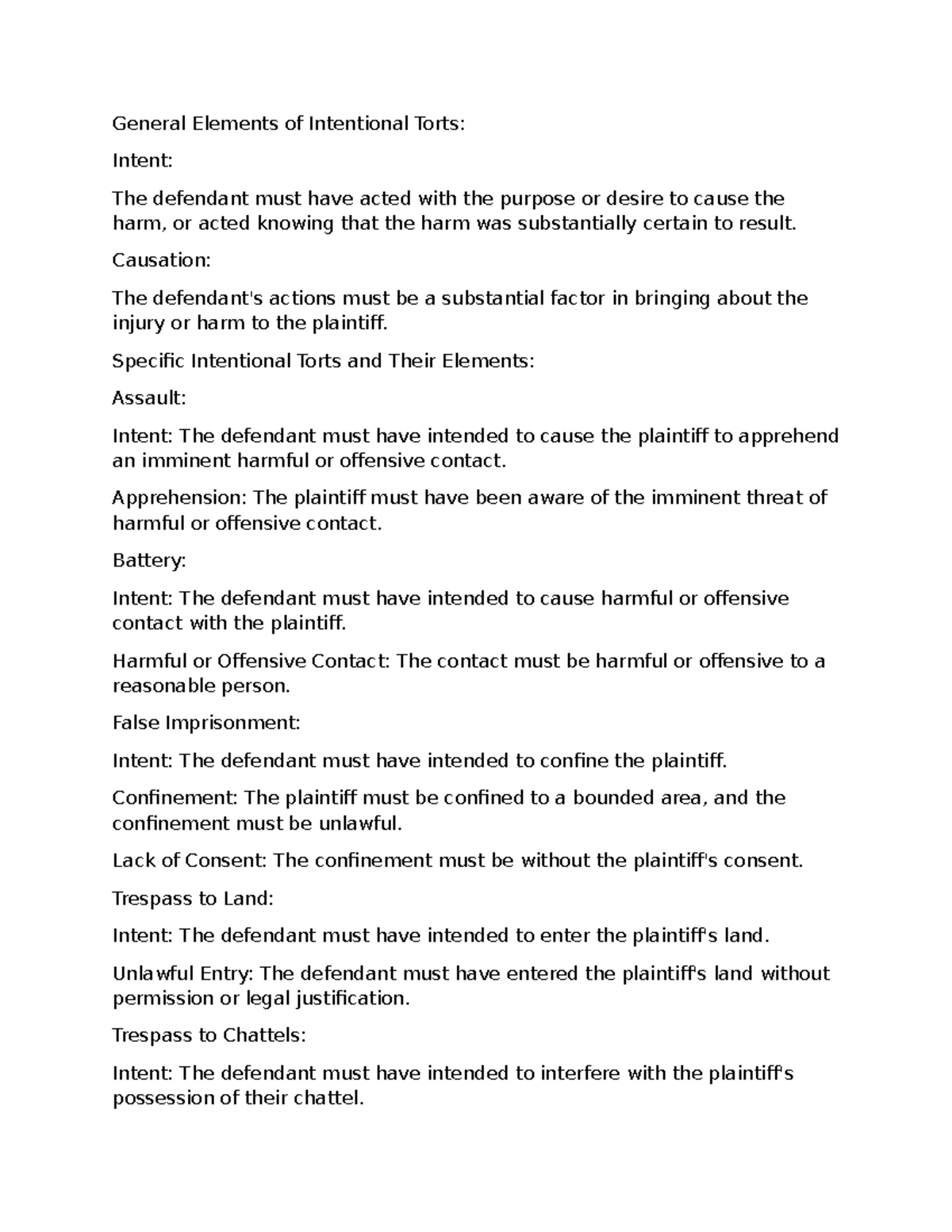 Elements of Intentional Torts in Law Course (LAW101) - General Elements ...
