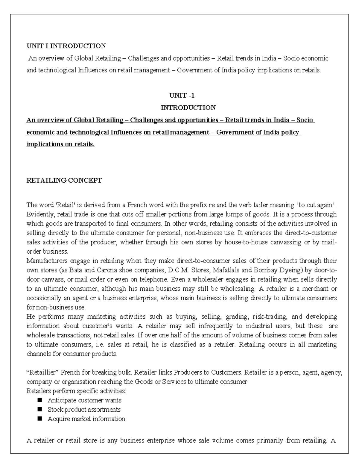 Unit I - Retail Management: Overview of Global Retailing Trends and ...