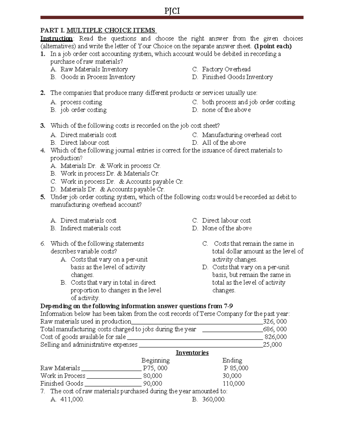 PJCI Final Exam - Multiple Choice & Matching Items on Cost Accounting ...