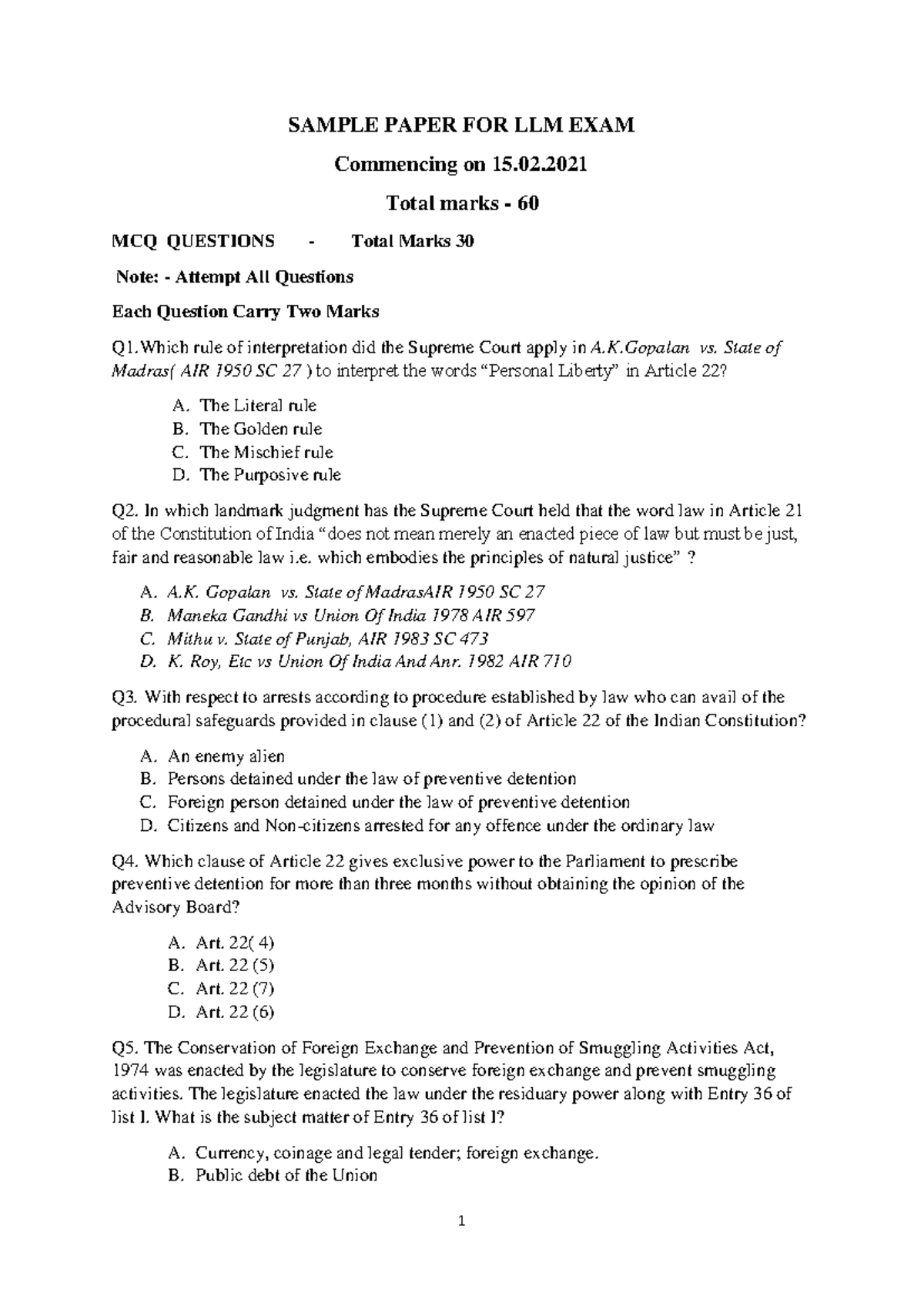 Sample Paper for LLM Entrance Exam Preparation - Studocu