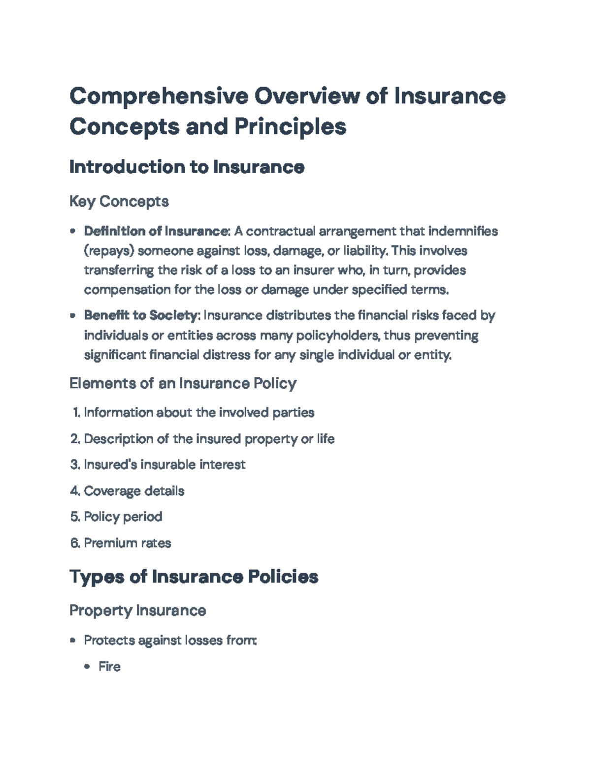 Comprehensive Overview of Insurance Concepts and Principles (INS 101 ...