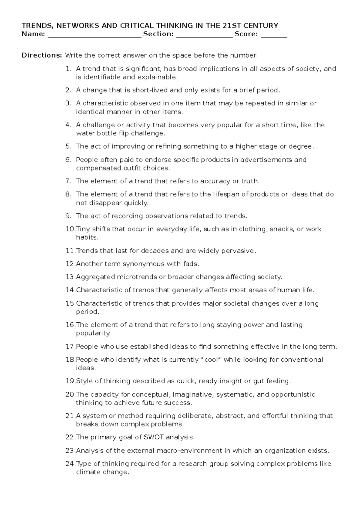 TRENDS, NETWORKS & CRITICAL THINKING NOTES - MODULE 1 - Studocu