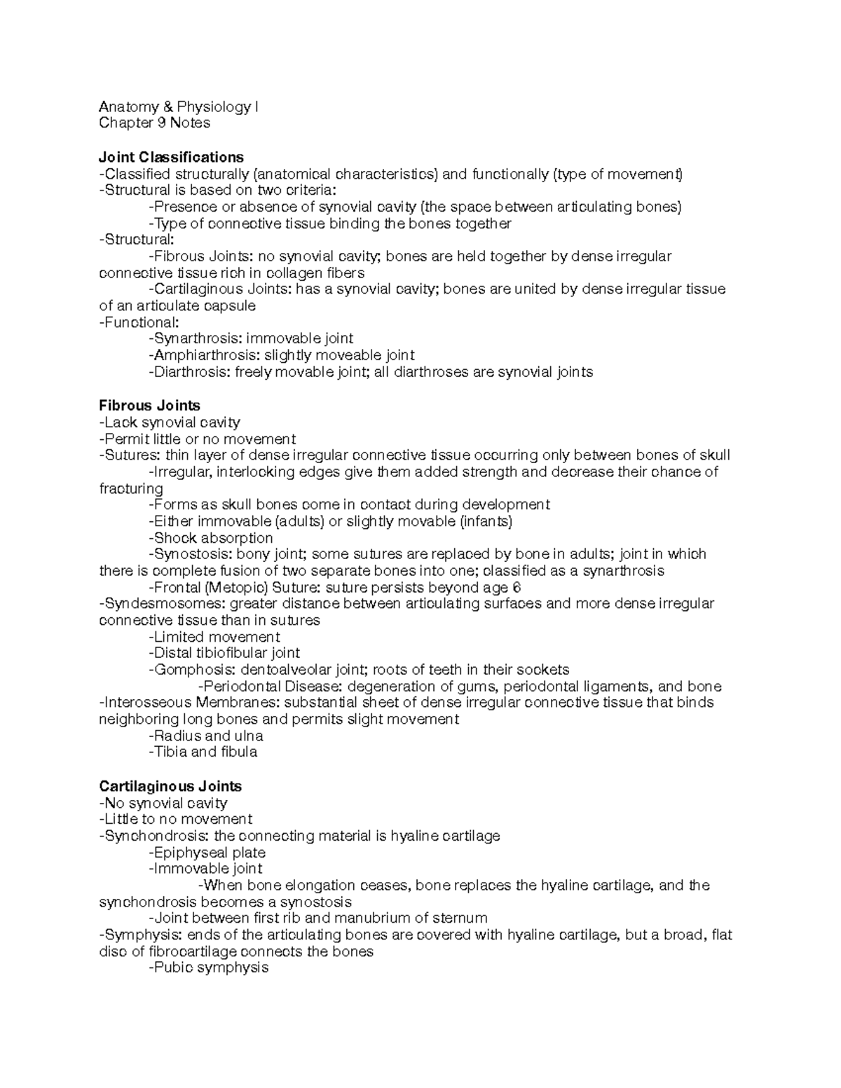 A&P I Chap 9 Final Exam Notes - Joint Classification & Movements - Studocu