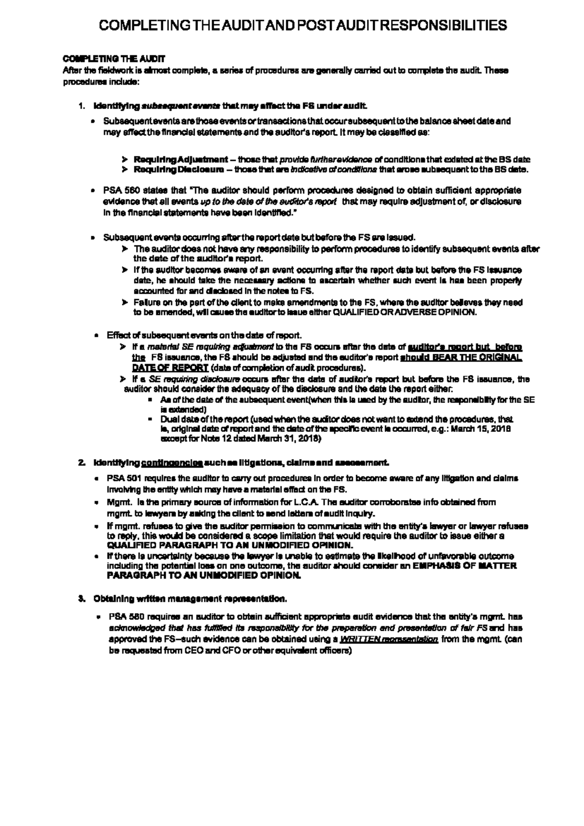 Summary of Chapter 10 - AAA: Completing Audit & Post-Audit ...