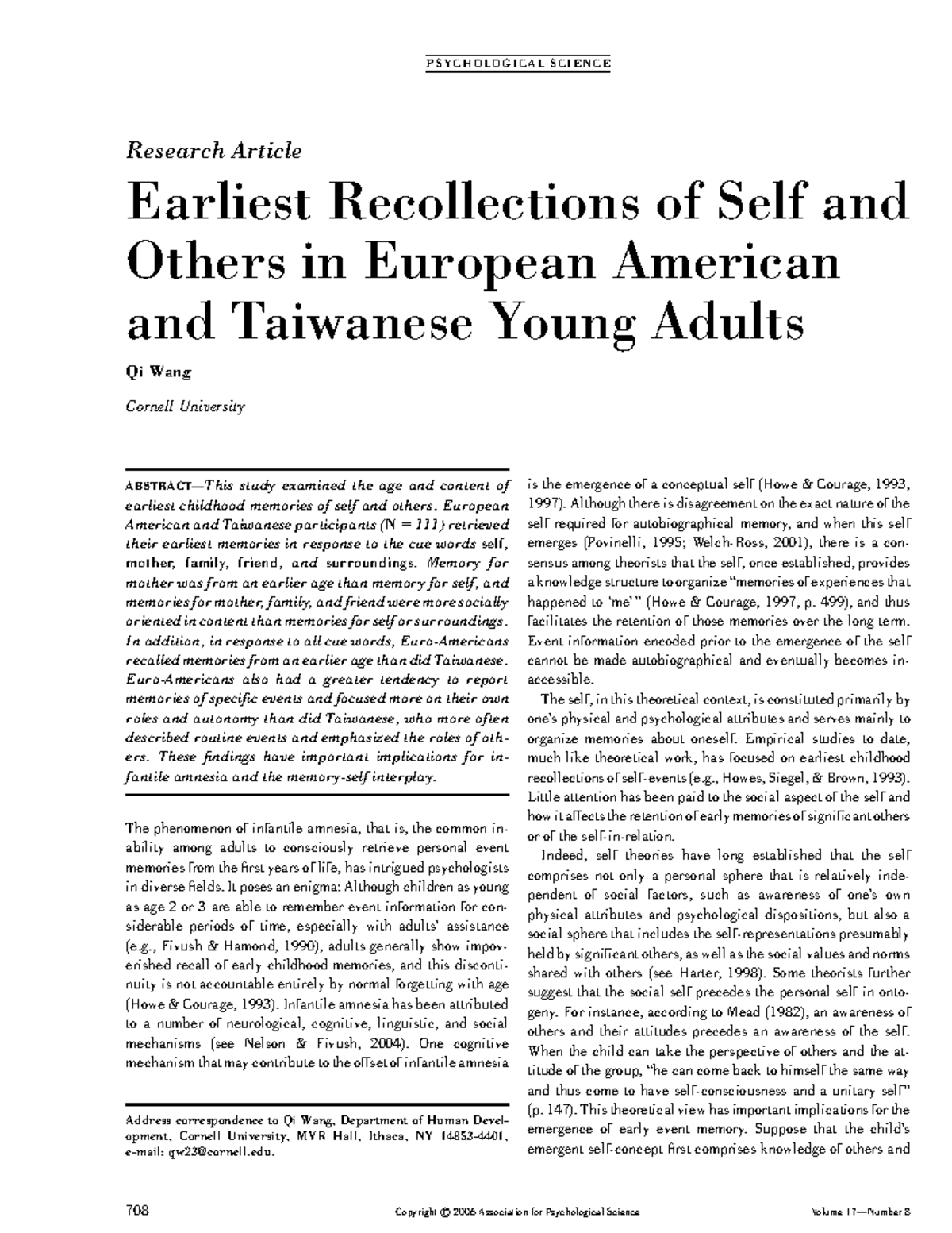 Wang (2006 ) - reading - Research Article Earliest Recollections of ...