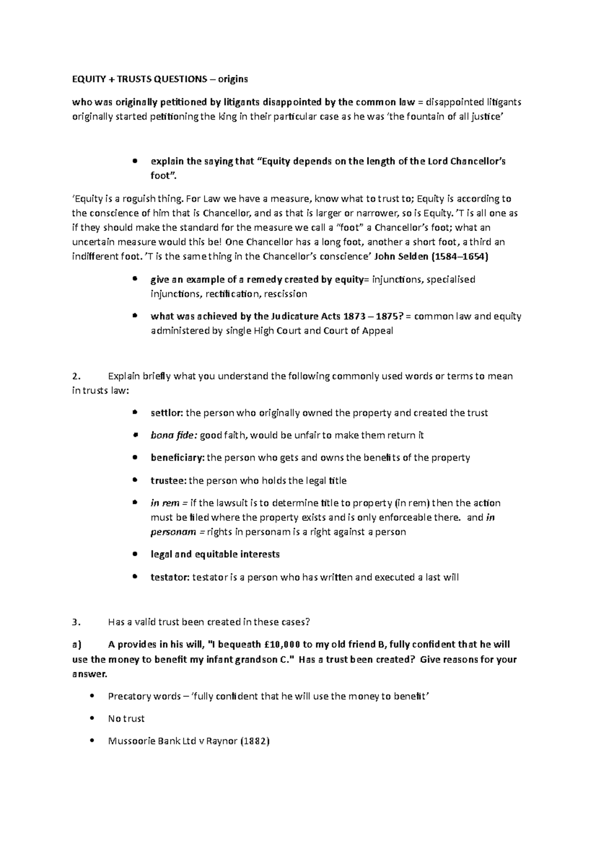 Equity & Trusts Origins Qs: Key Concepts & Case Analysis - Studocu