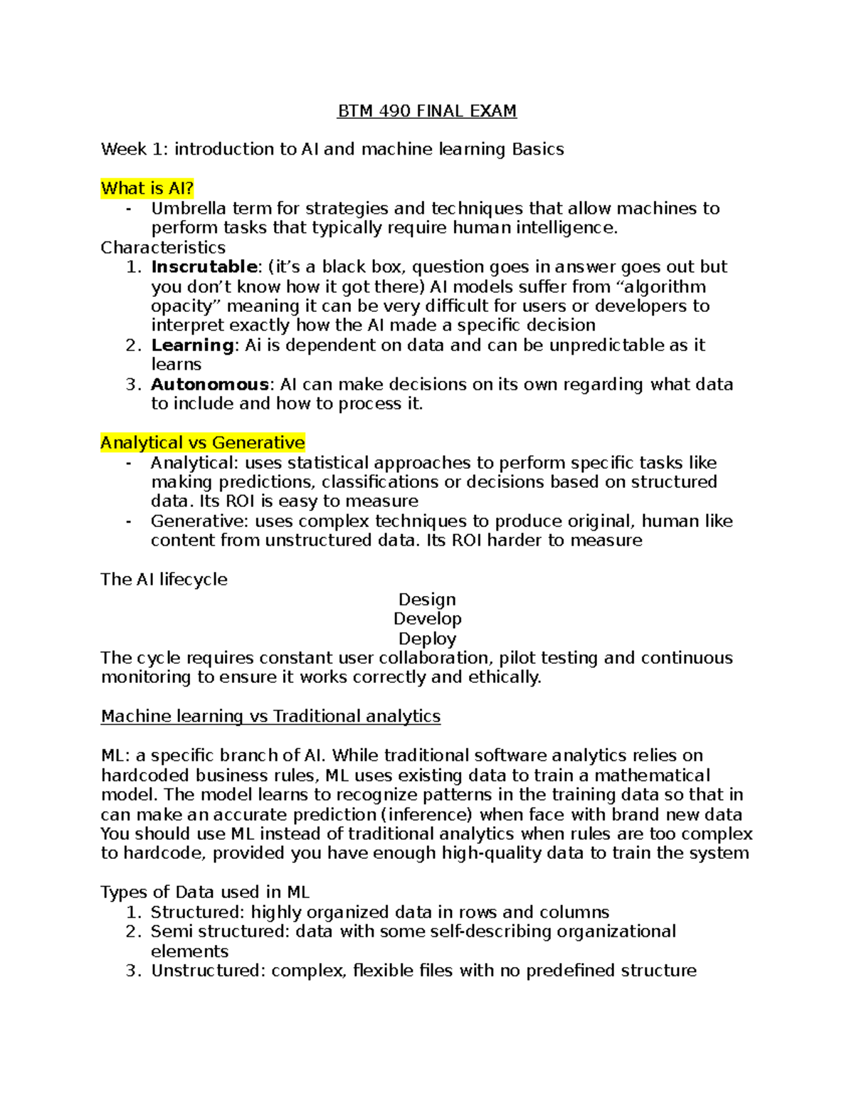 BTM 490 FINAL EXAM: AI and Machine Learning Fundamentals - Studocu