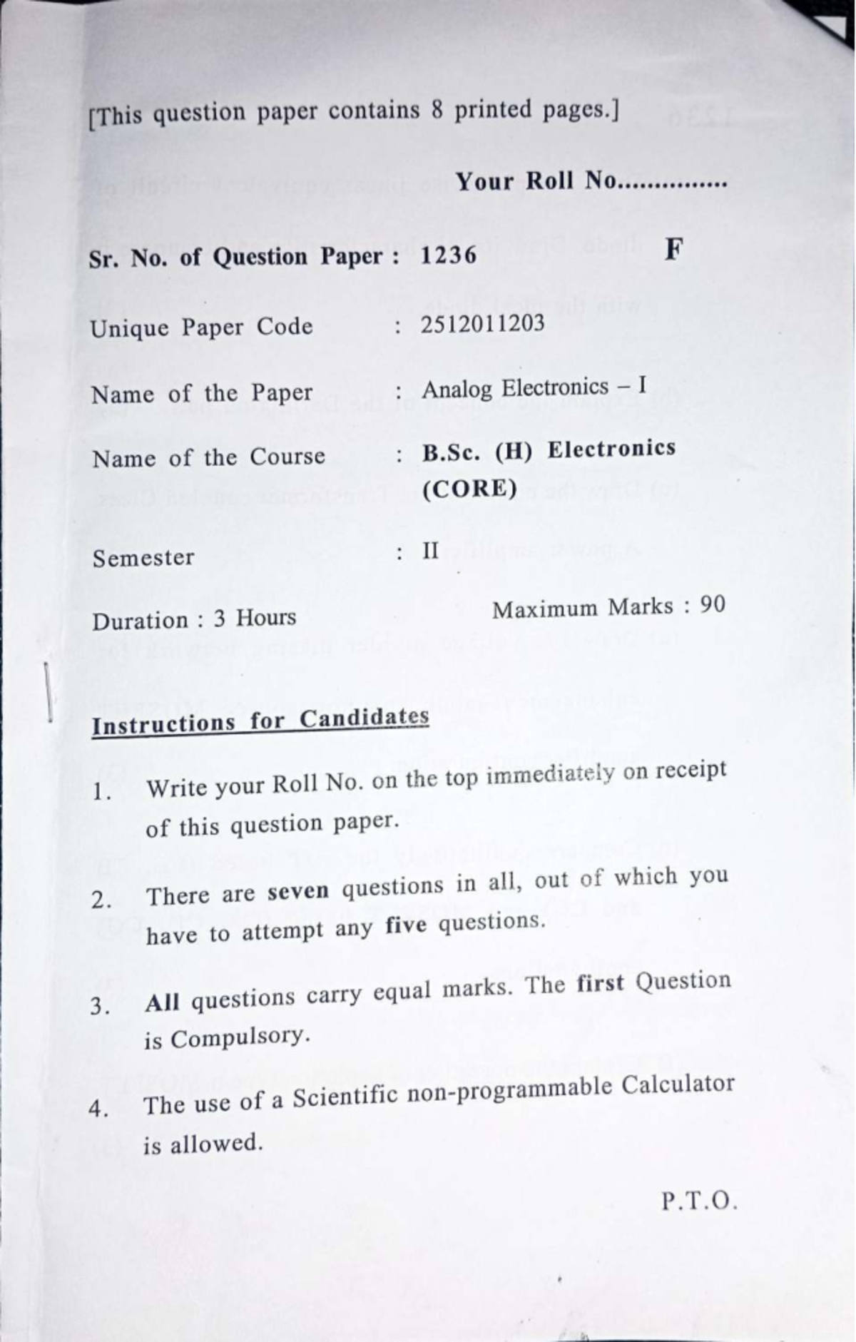B.Sc. (H) Electronics II - Analog Electronics I Question Paper 2023 ...