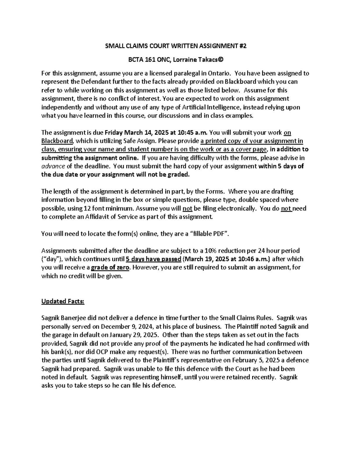 Small Claims Court Written Assignment 1 ONC W2025 - SMALL CLAIMS COURT ...