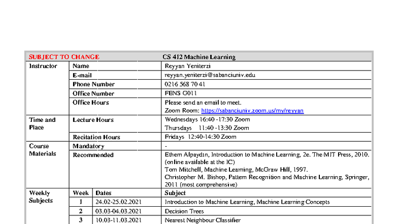 CS 412 Syllabus - Spring 2021: Machine Learning Course Overview - Studocu