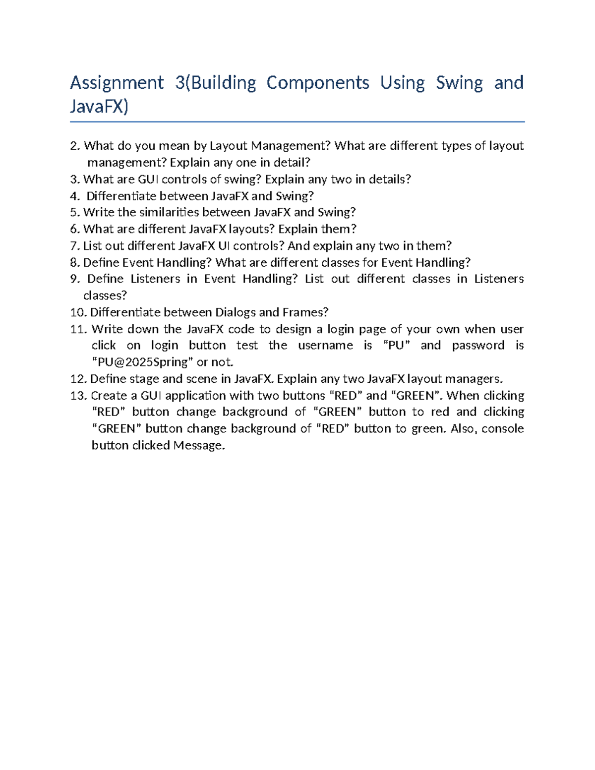Assignment 3: GUI Components & Layout Management in Swing/JavaFX - Studocu