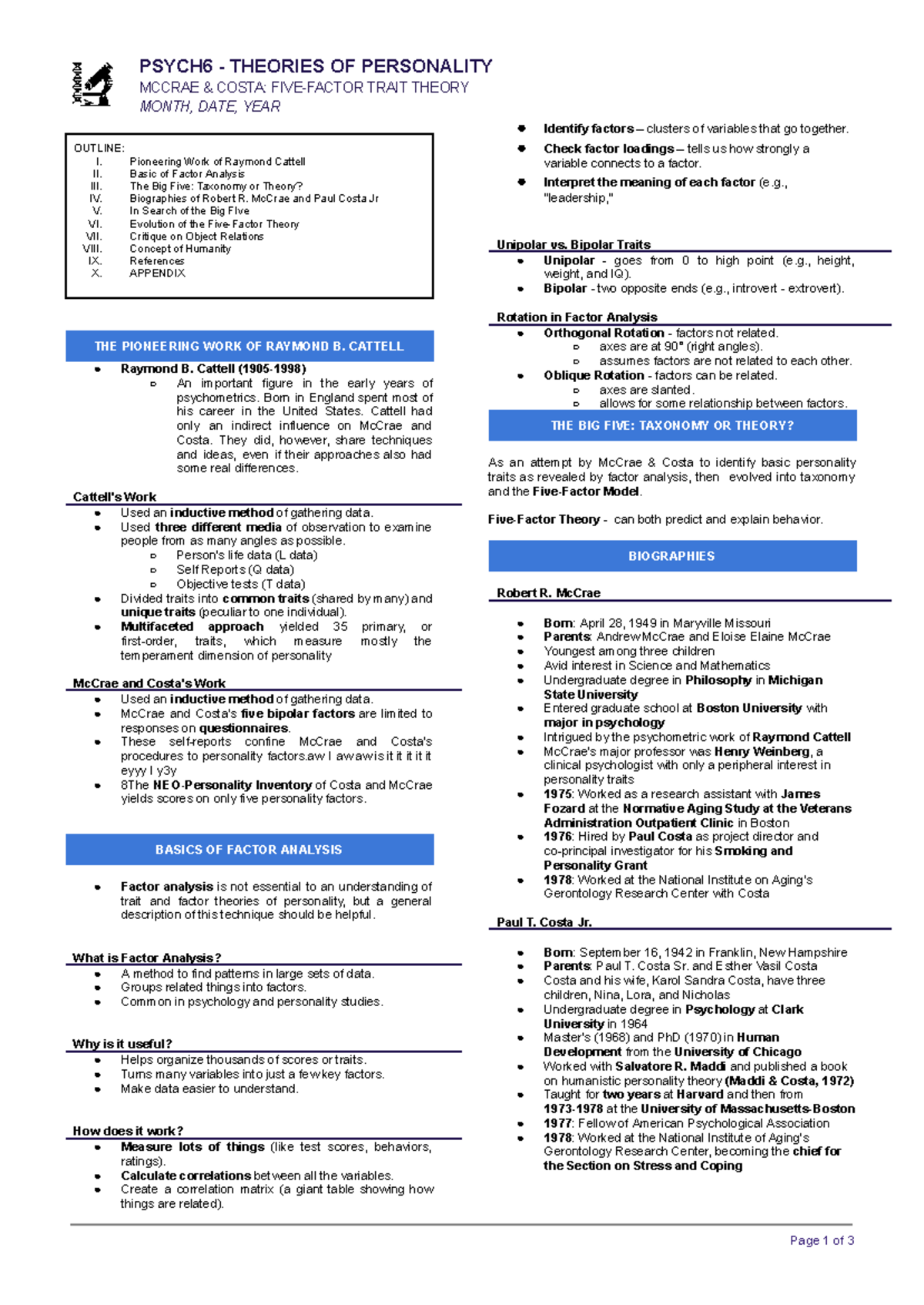 PSYCH6 CHAPTER 13: MCCRAE & COSTA'S FIVE-FACTOR TRAIT THEORY OUTLINE ...