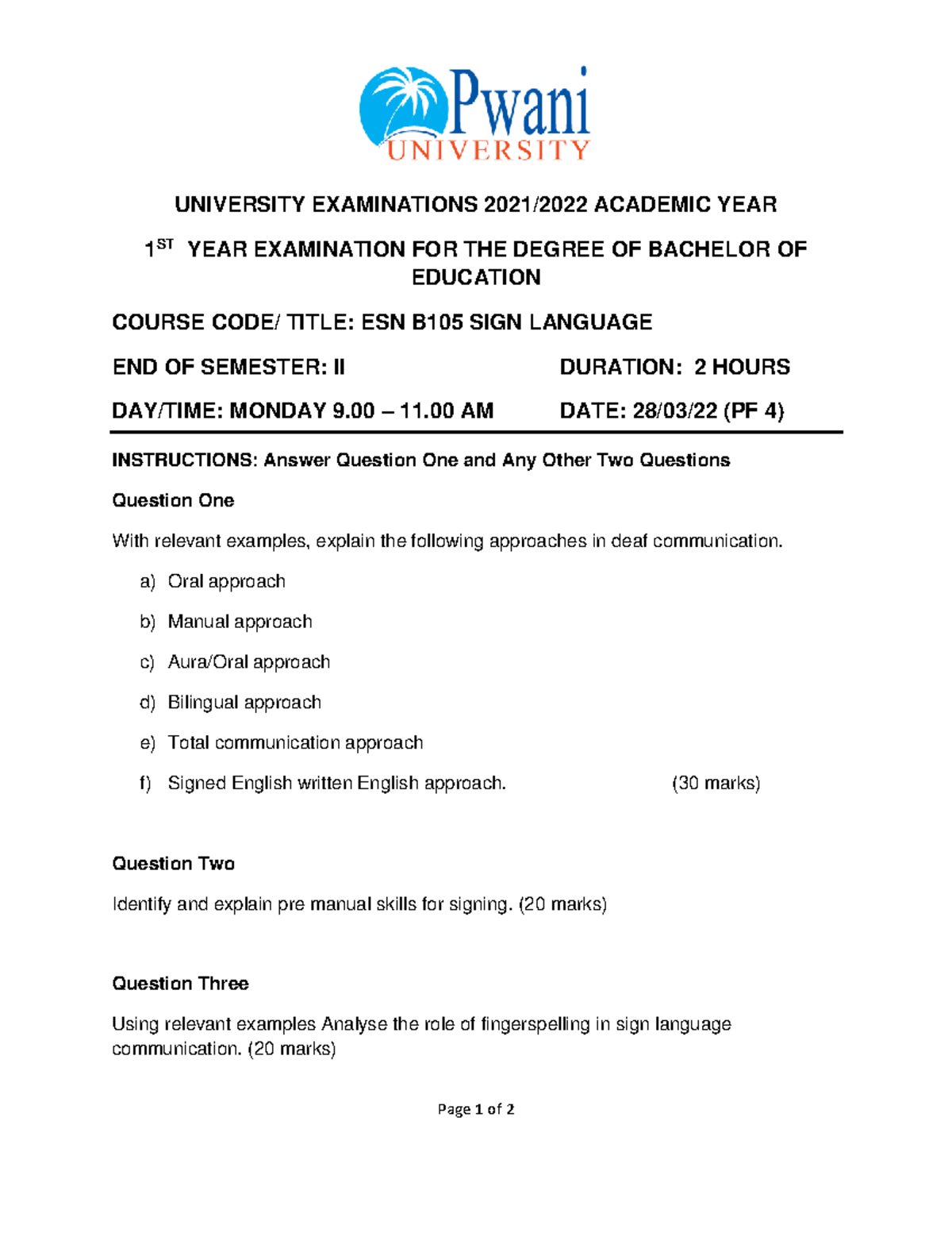ESN B105 Sign Language End of Semester Exam - 1st Year Education - Studocu