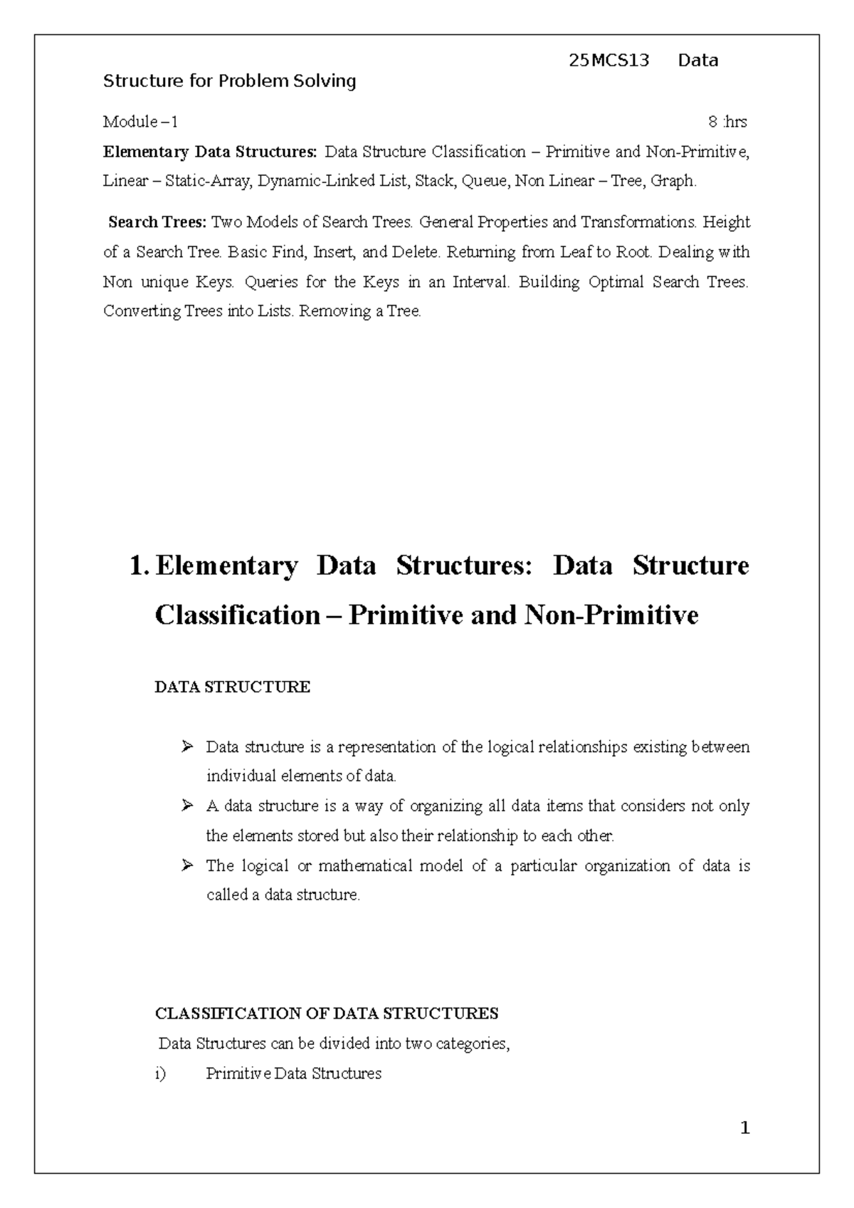 Data Structure Notes 25MCS13: Module 8 - Elementary Structures & Trees ...