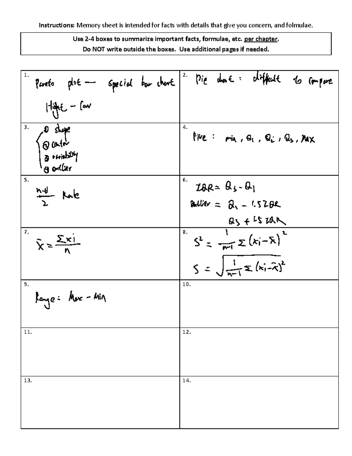 STAT100-Memory Sheet-Quiz02 - Instructions: Memory sheet is intended ...