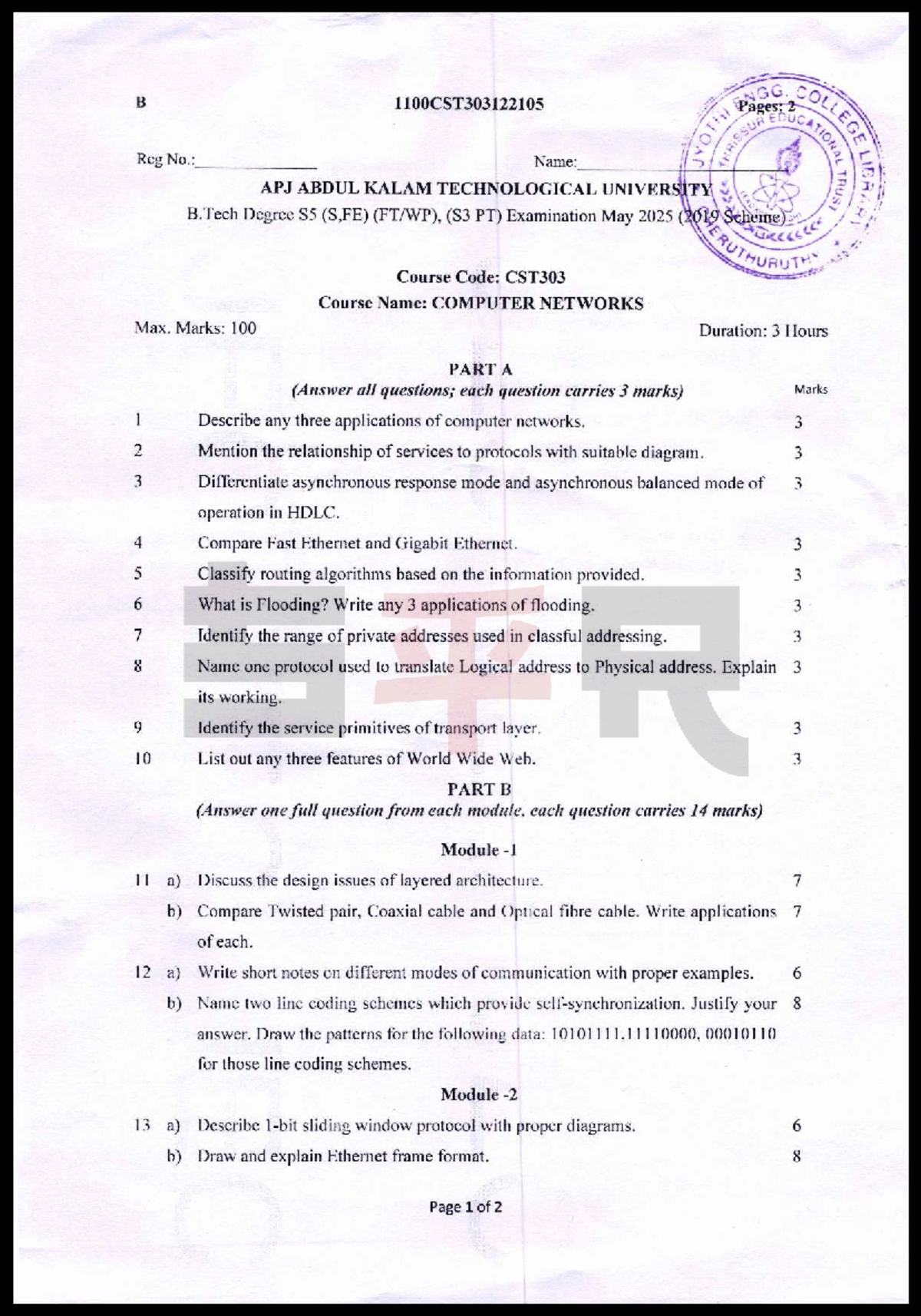 CST303 Computer Networks PYQs - B.Tech S5 Exam May 2025 - Studocu