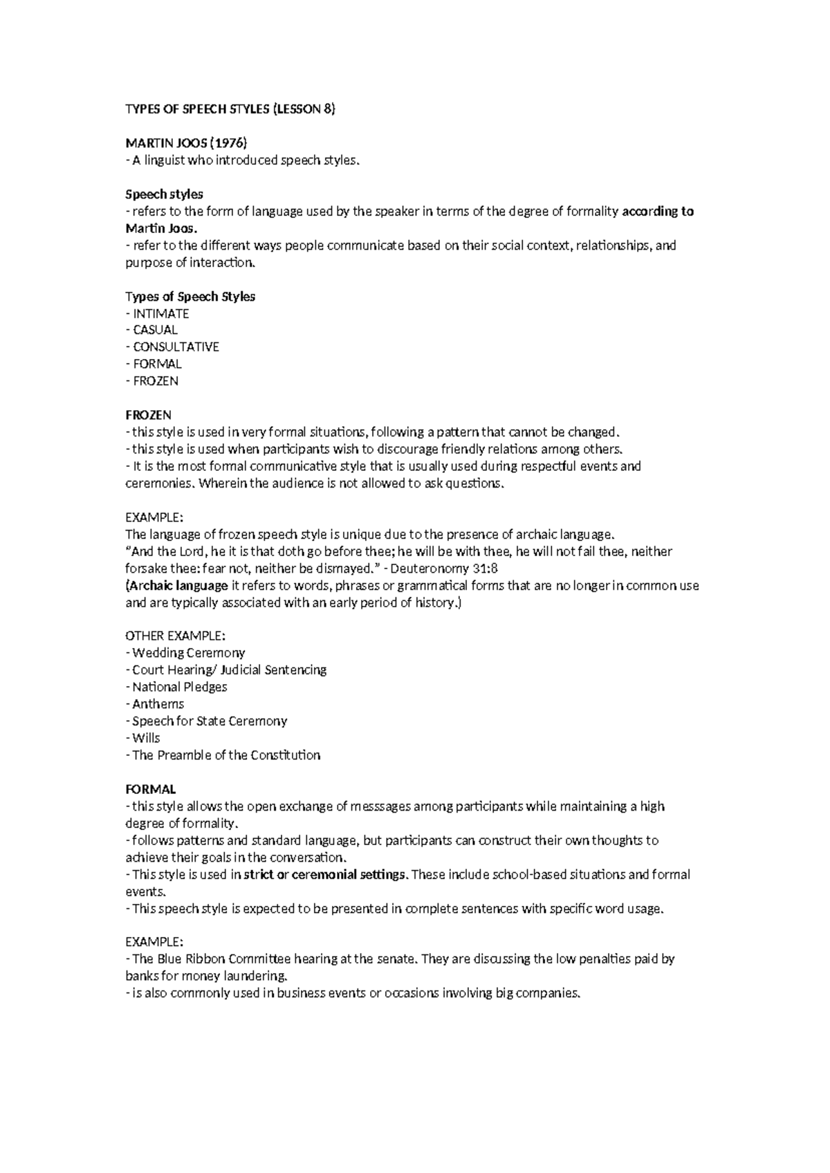 Oral Com - oral com 2nd quarter reviewer - TYPES OF SPEECH STYLES ...
