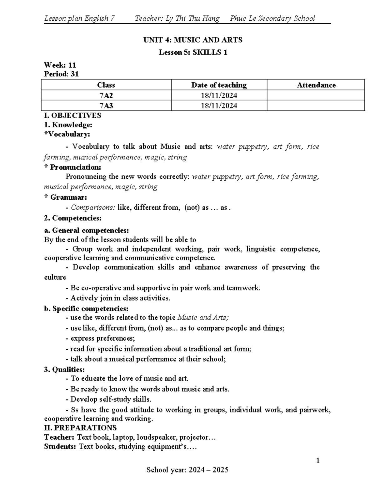 Lesson Plan for English 7: Unit 4 - Music and Arts (Skills 1) - Studocu