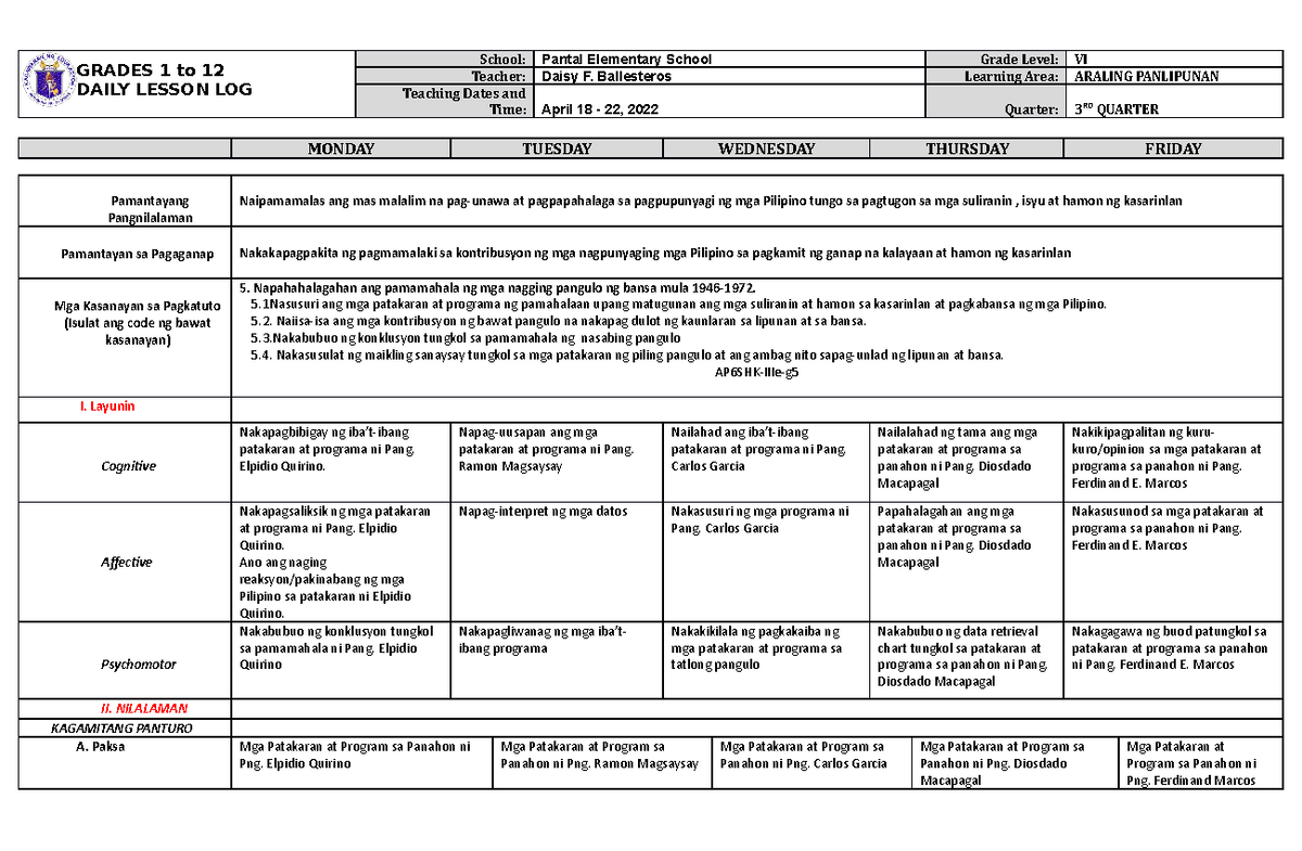 DLL Araling Panlipunan 6 Q3 W6 - GRADES 1 to 12 DAILY LESSON LOG School ...