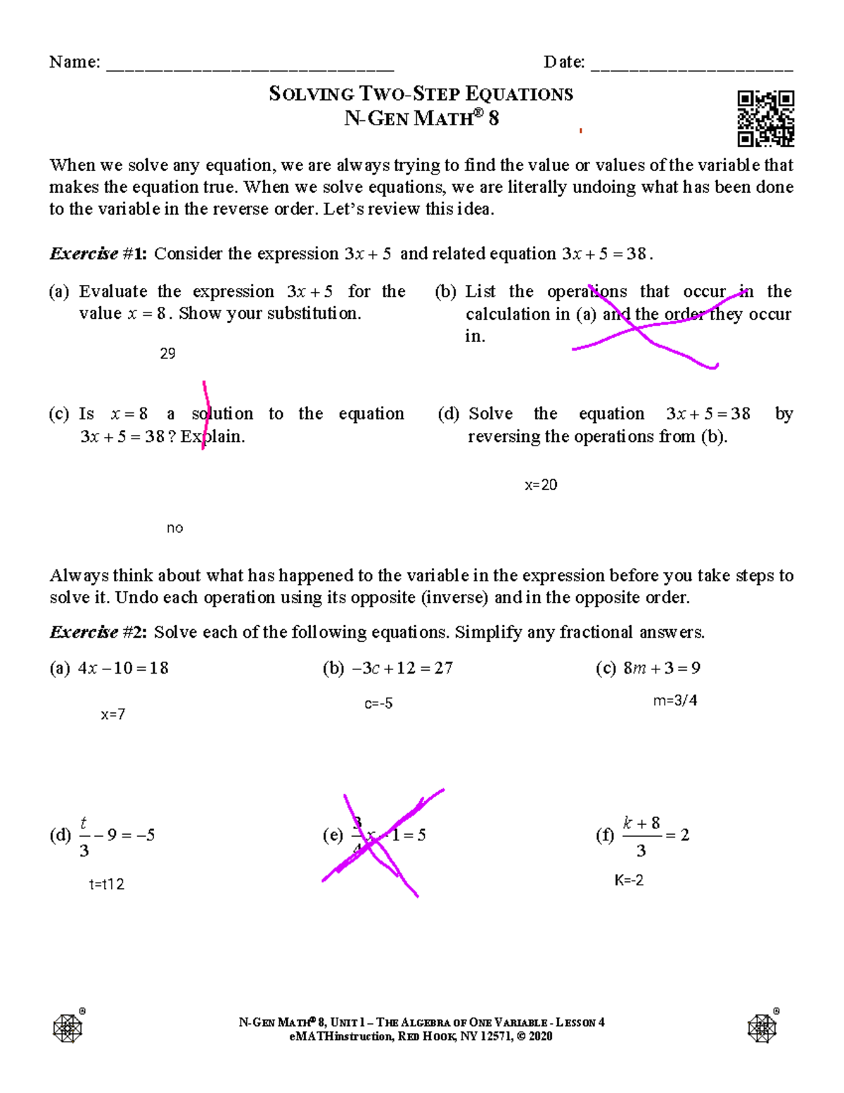N-Gen Math 8: Unit 1 Lesson 4 - Solving Two-Step Equations - Studocu