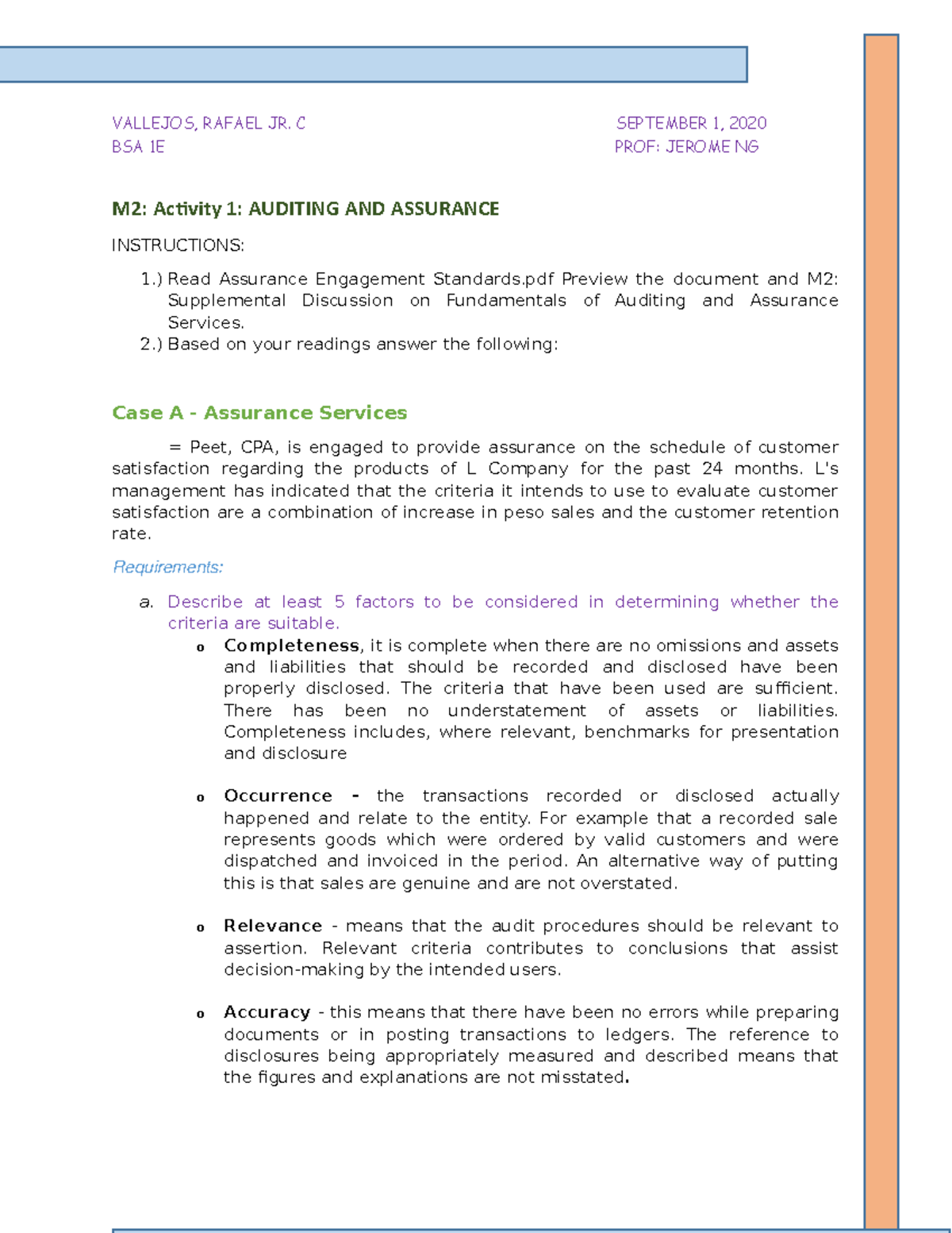 Assignment 1: Auditing and Assurance Overview for BSA 1E - Studocu