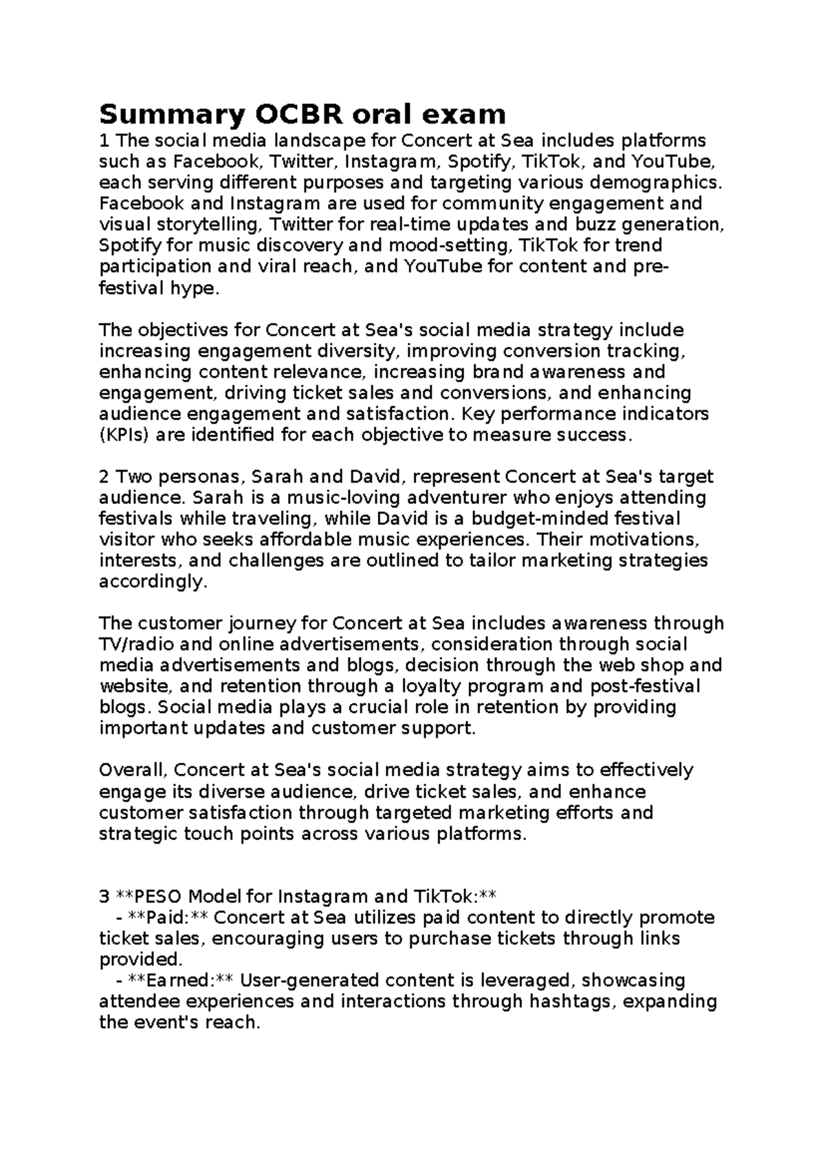 Summary OCBR Oral Exam 1: Social Media Strategy for Concert at Sea ...