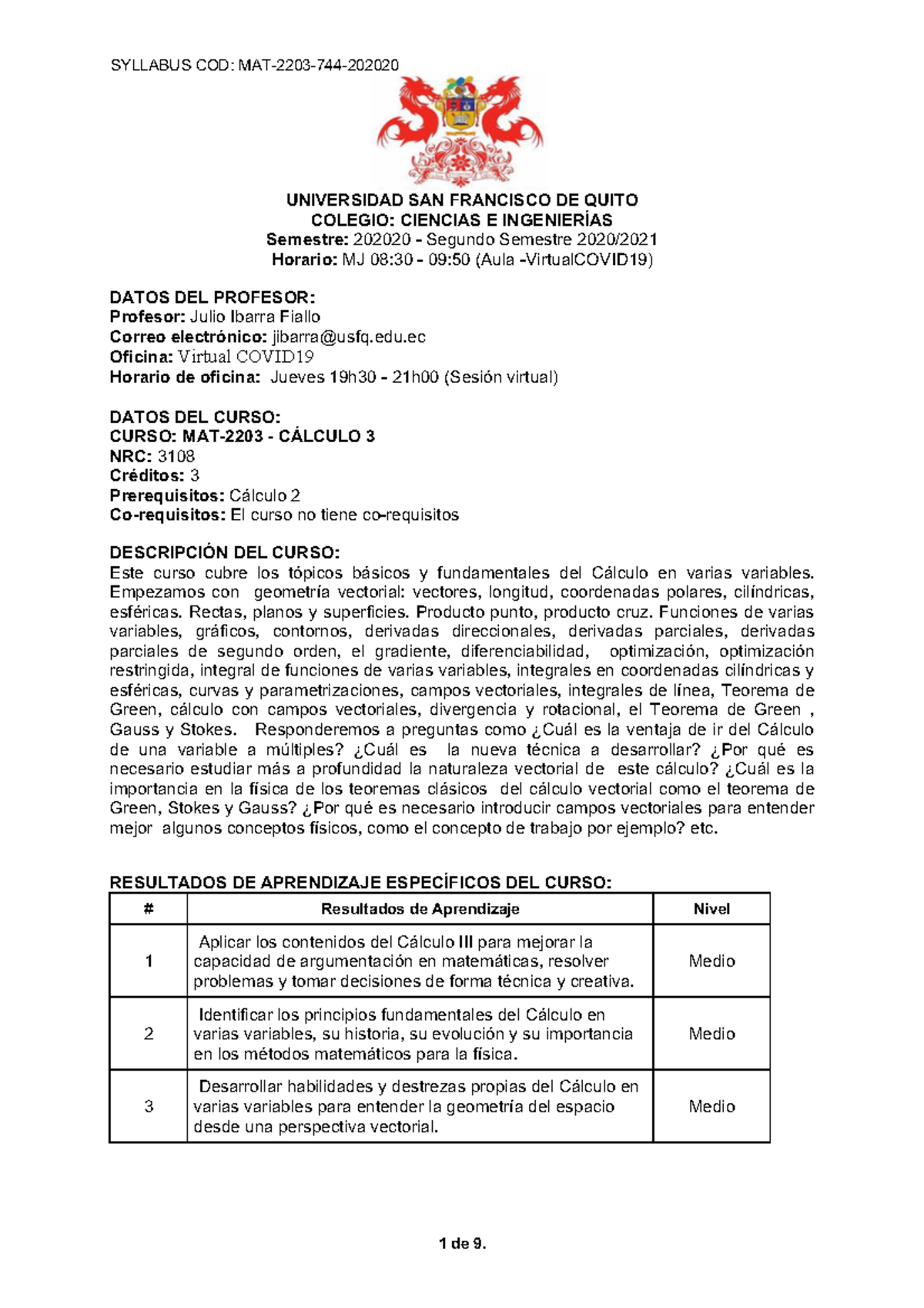 Syllabus MAT-2203: Cálculo III - Semestre 202020 (USFQ) - Document Preview