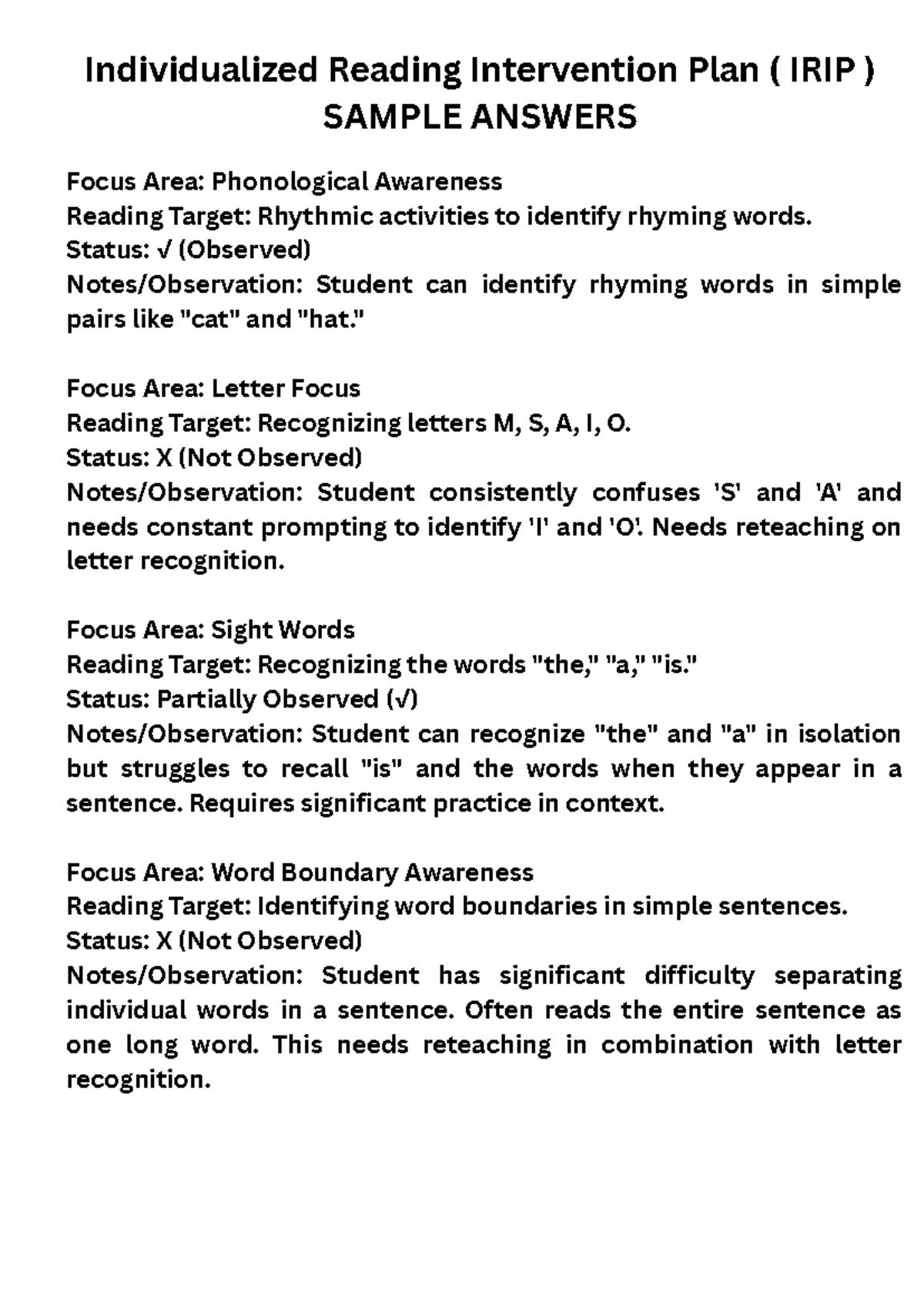Sample Answers for IRIP: Individualized Reading Intervention Plan - Studocu
