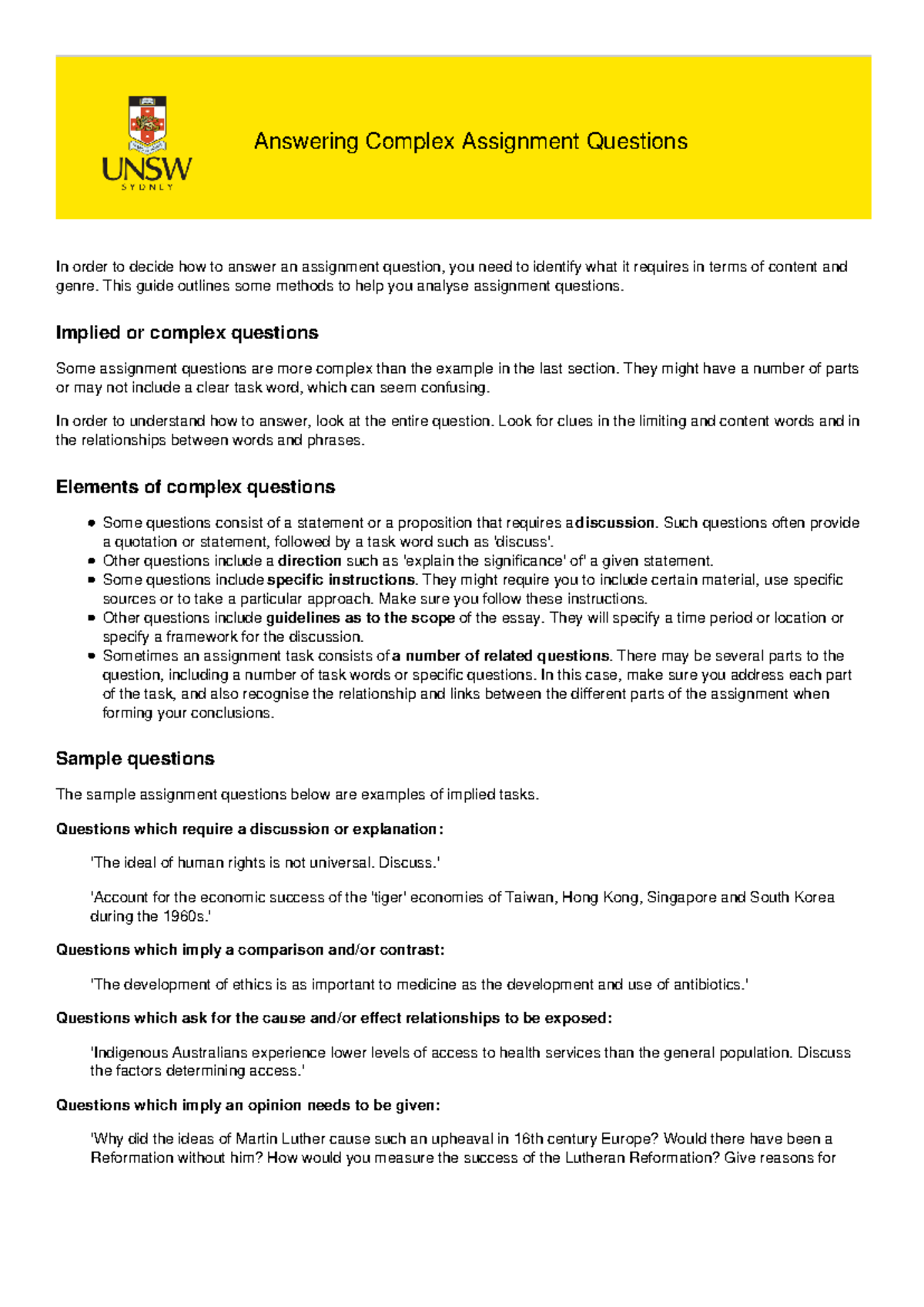 UNSW Guide to Analyzing Complex Assignment Questions - 2019 - Studocu