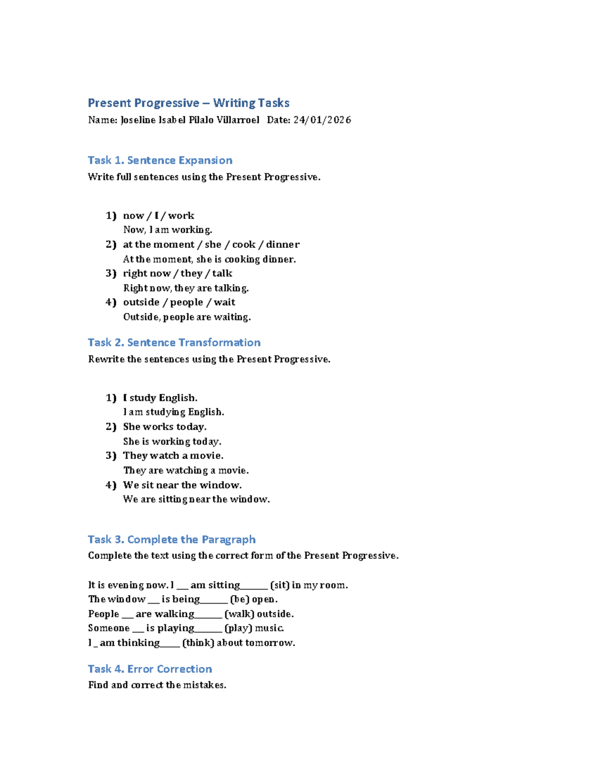 Present Progressive Writing Tasks - Practice & Exercises - Studocu