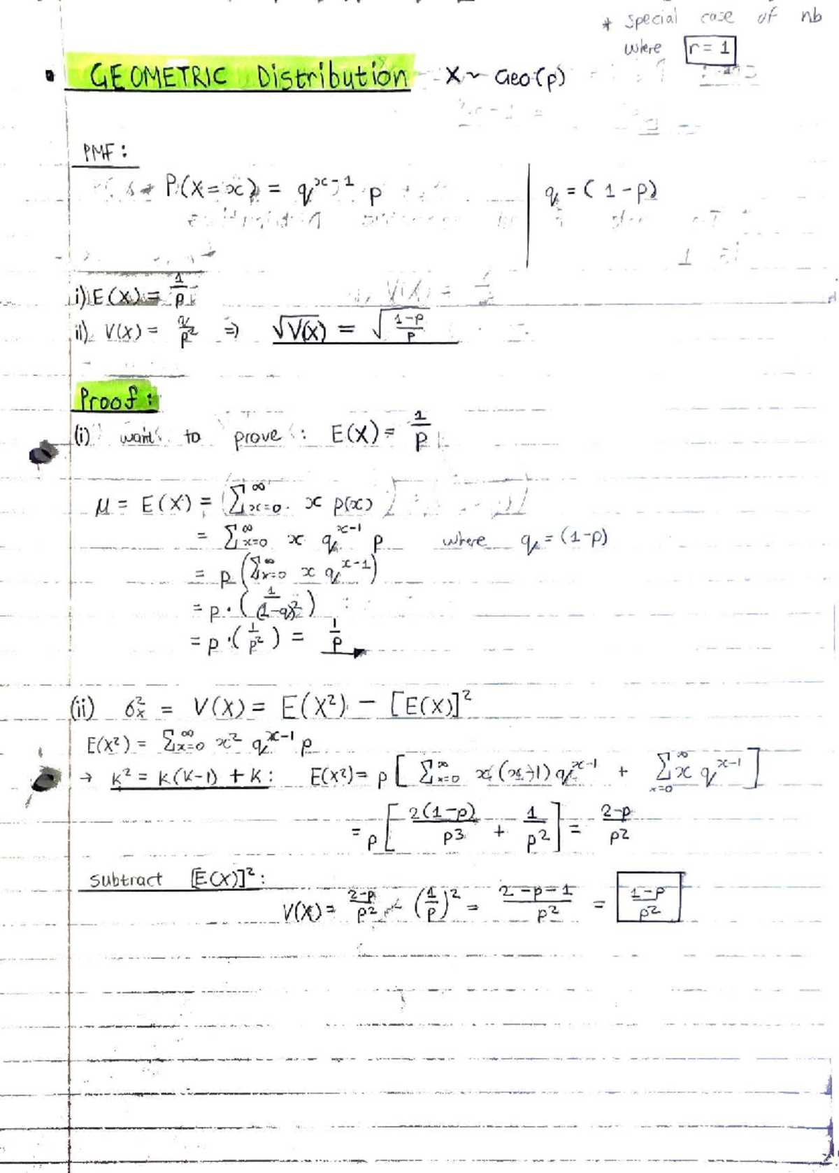 Stats 1106H - Notes on Geometric Distribution PMF and Properties - Studocu